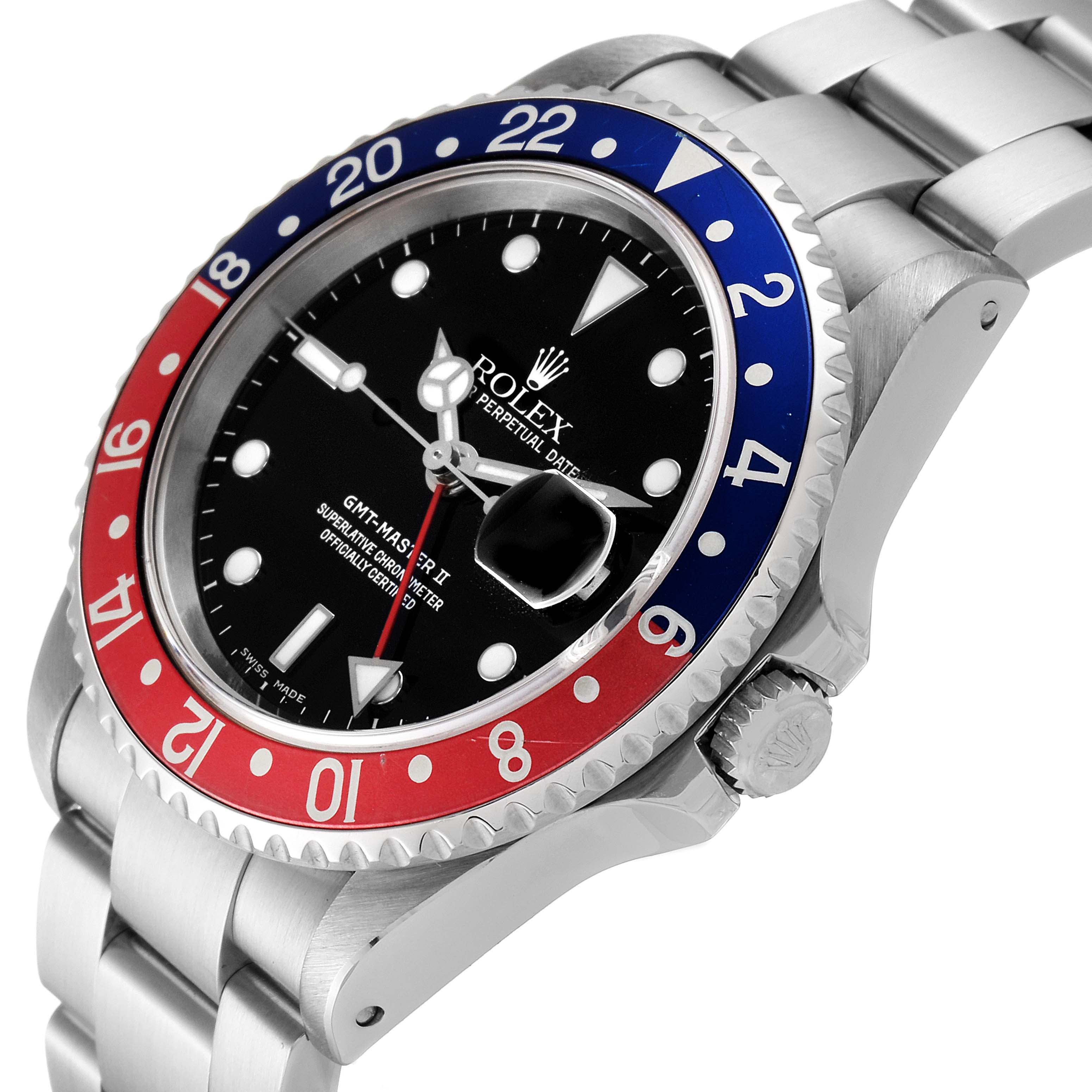 The image shows a side-angle view of the Rolex GMT-Master 16710 Men
s Stainless Steel Black Dial 16710 Men
s Stainless Steel Black Dial II watch, highlighting the bezel, crown, and part of the bracelet.
