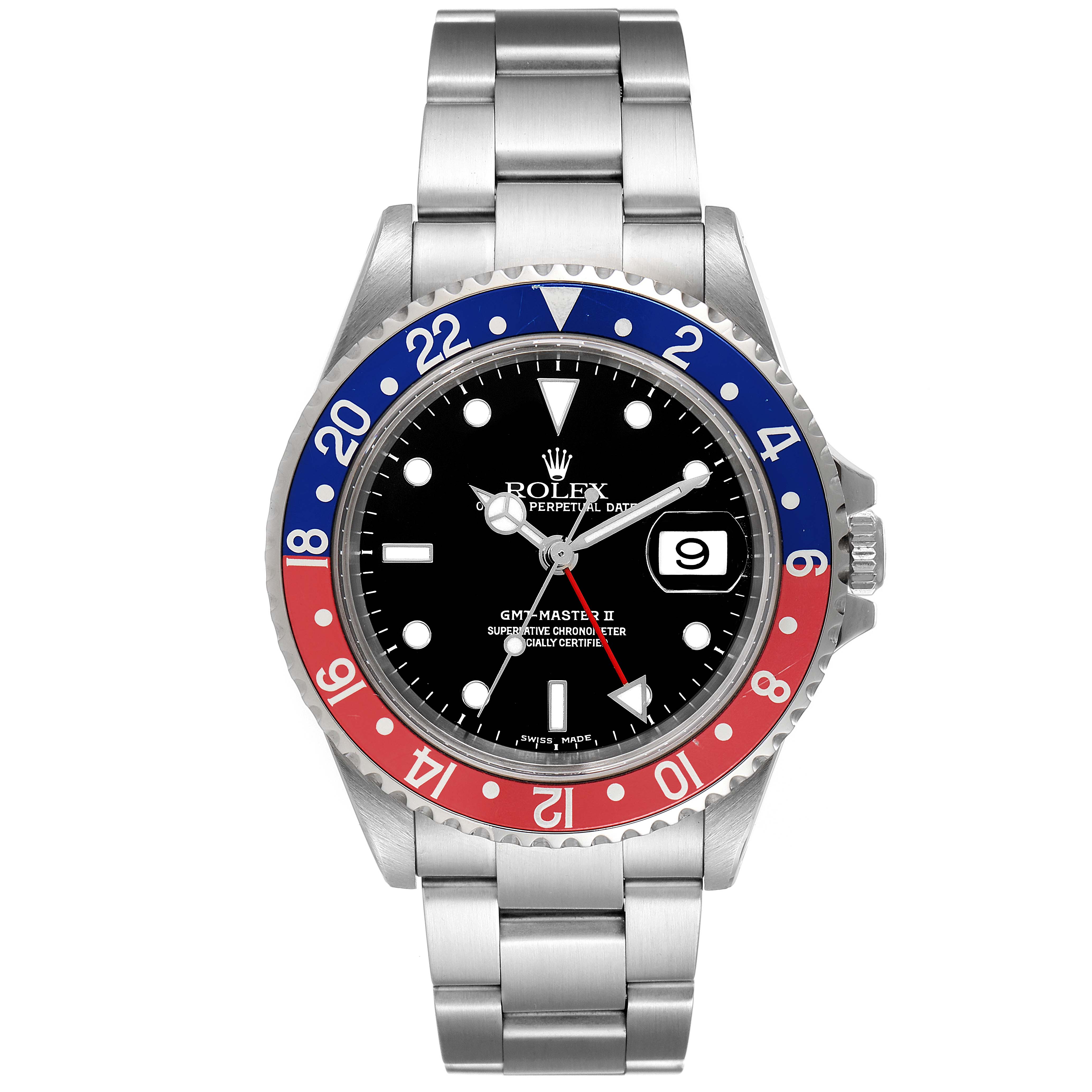 The image shows a front view of a Rolex GMT-Master 16710 Men
s Stainless Steel Black Dial 16710 Men
s Stainless Steel Black Dial II watch featuring a bi-color bezel and bracelet.