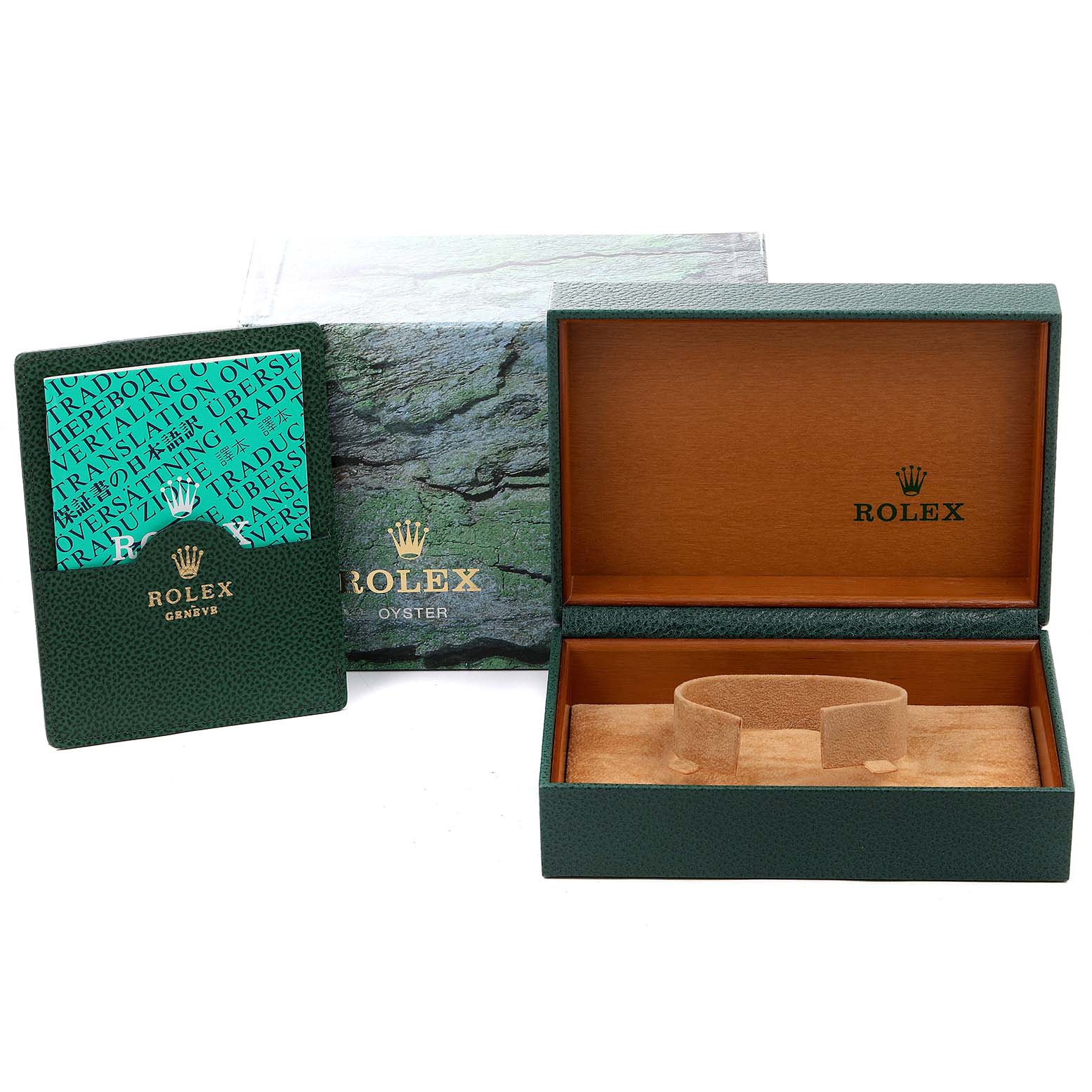 The image shows an open Rolex GMT-Master 16710 Men
s Stainless Steel Black Dial 16710 Men
s Stainless Steel Black Dial box with a Rolex card and Rolex Oyster outer packaging.