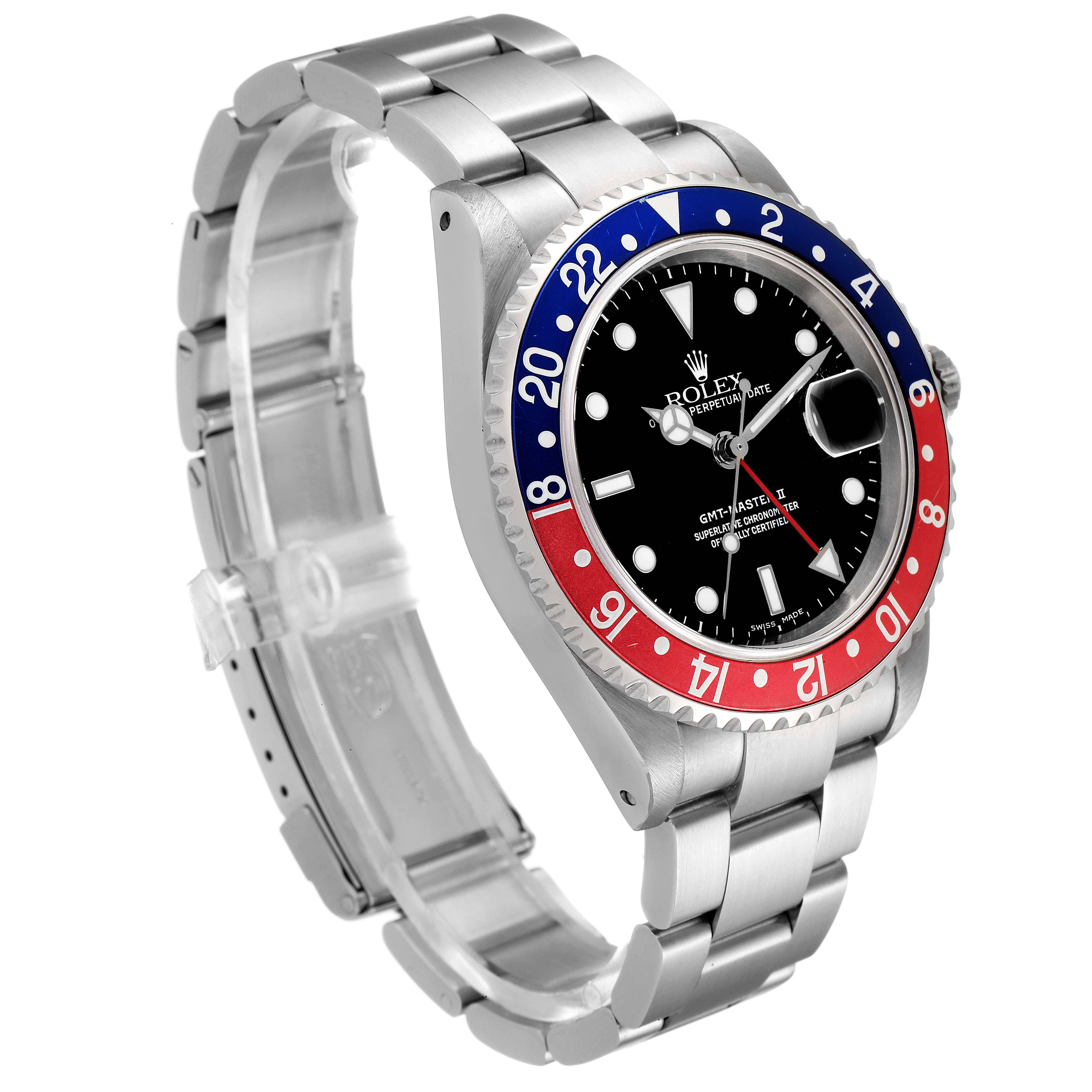The image shows a Rolex GMT-Master 16710 Men
s Stainless Steel Black Dial 16710 Men
s Stainless Steel Black Dial watch from a side angle, highlighting its bracelet, bezel, and dial.