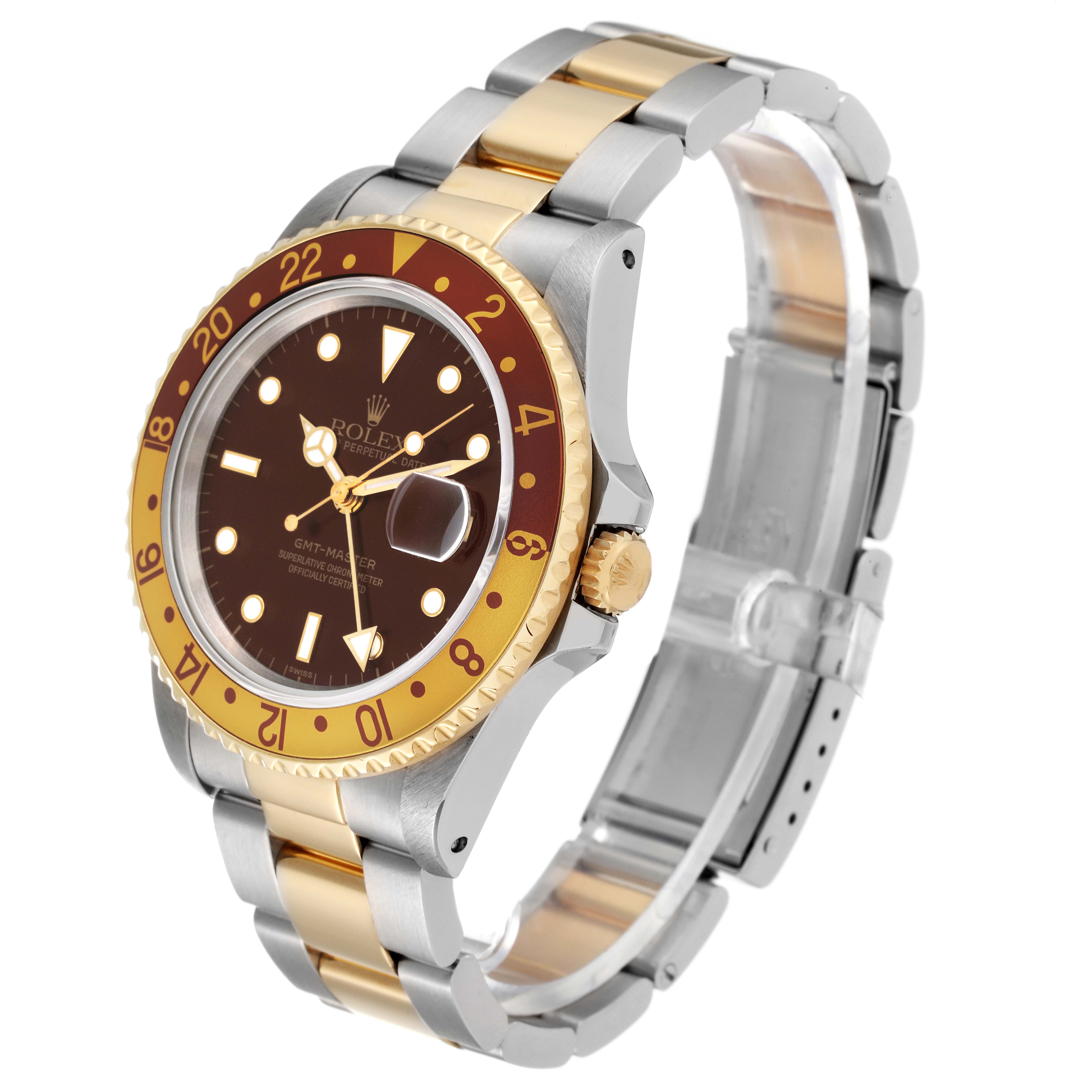 This image shows a Rolex GMT-Master 16713 Men's Stainless Steel Brown Dial 16713 Men's Stainless Steel Brown Dial watch at a three-quarter angle, highlighting the bezel, dial, crown, and band.