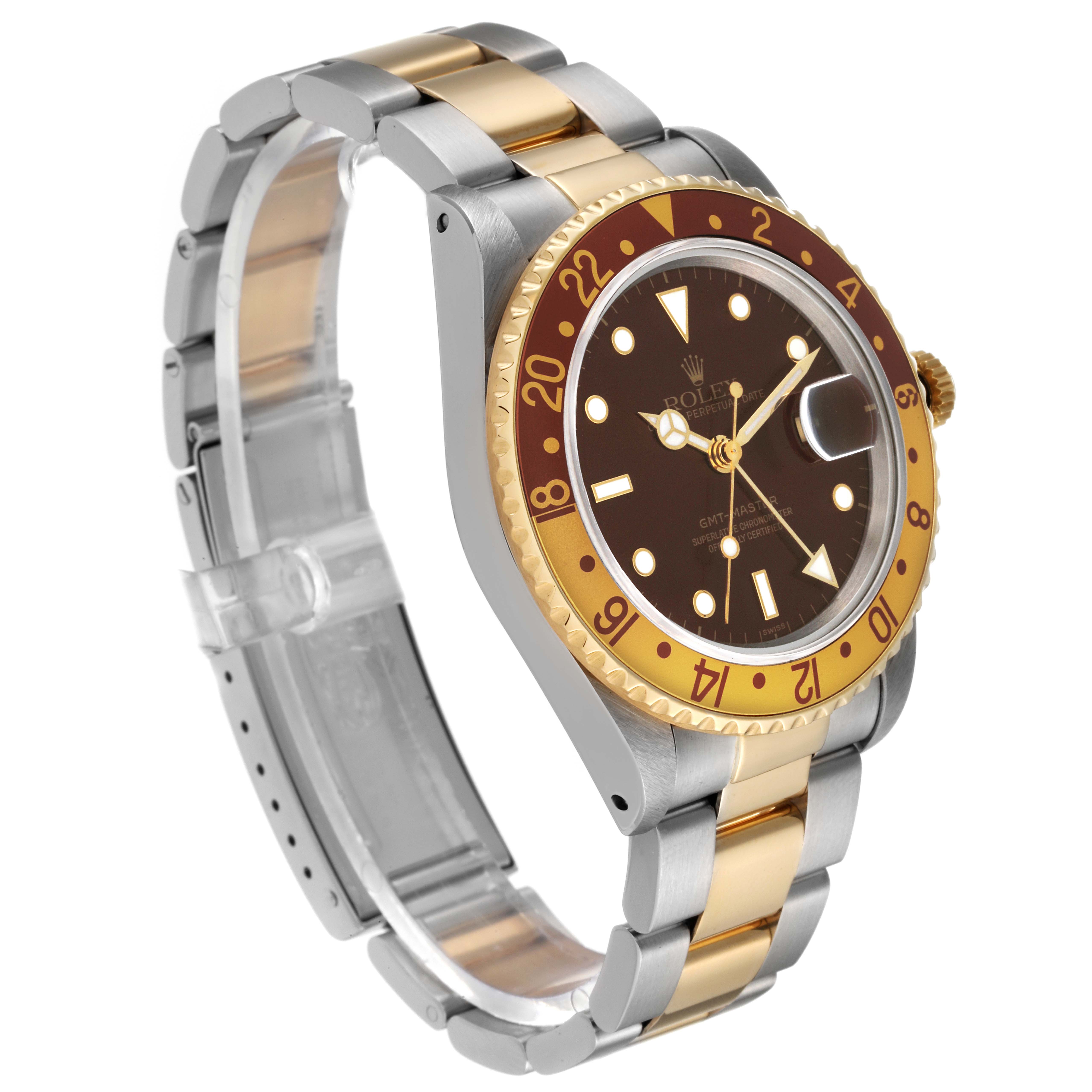 This image shows a side angle of the Rolex GMT-Master 16713 Men's Stainless Steel Brown Dial 16713 Men's Stainless Steel Brown Dial watch, highlighting its two-tone bracelet and brown bezel.