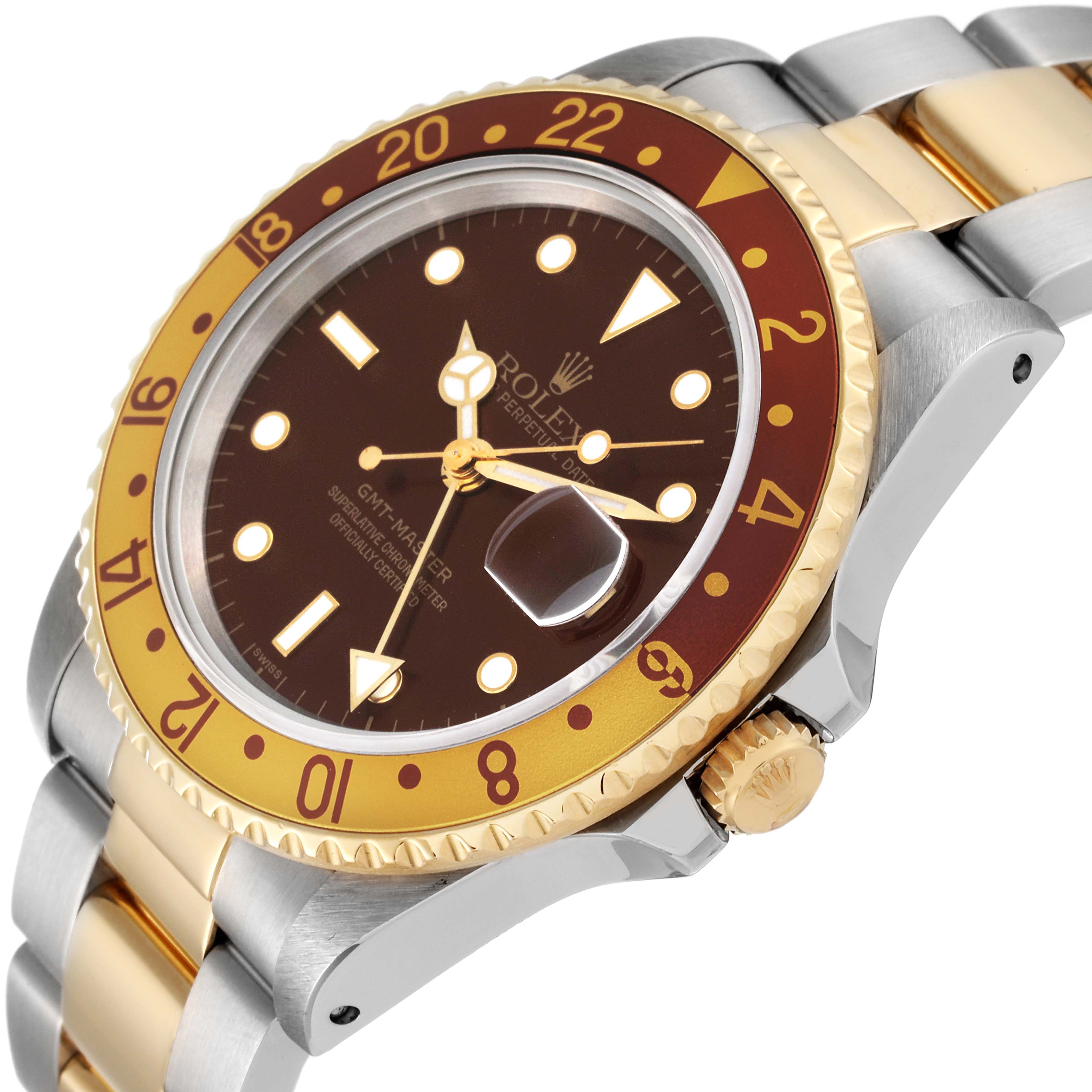 This image shows a close-up angled view of a Rolex GMT-Master 16713 Men's Stainless Steel Brown Dial 16713 Men's Stainless Steel Brown Dial watch, highlighting the dial, bezel, and part of the bracelet.