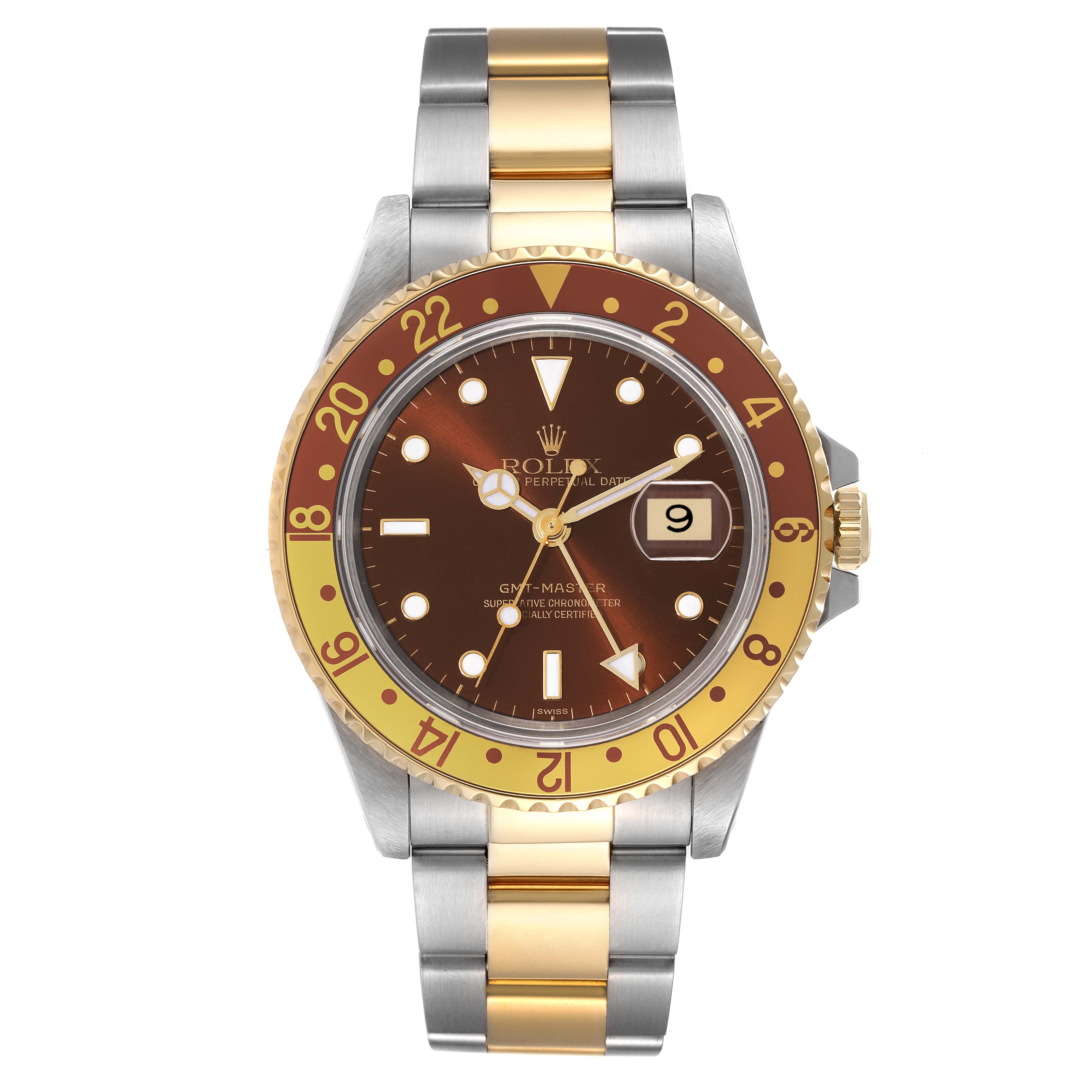 This image shows a front view of a Rolex GMT-Master 16713 Men's Stainless Steel Brown Dial 16713 Men's Stainless Steel Brown Dial watch, displaying its bezel, dial, hands, case, and bracelet.