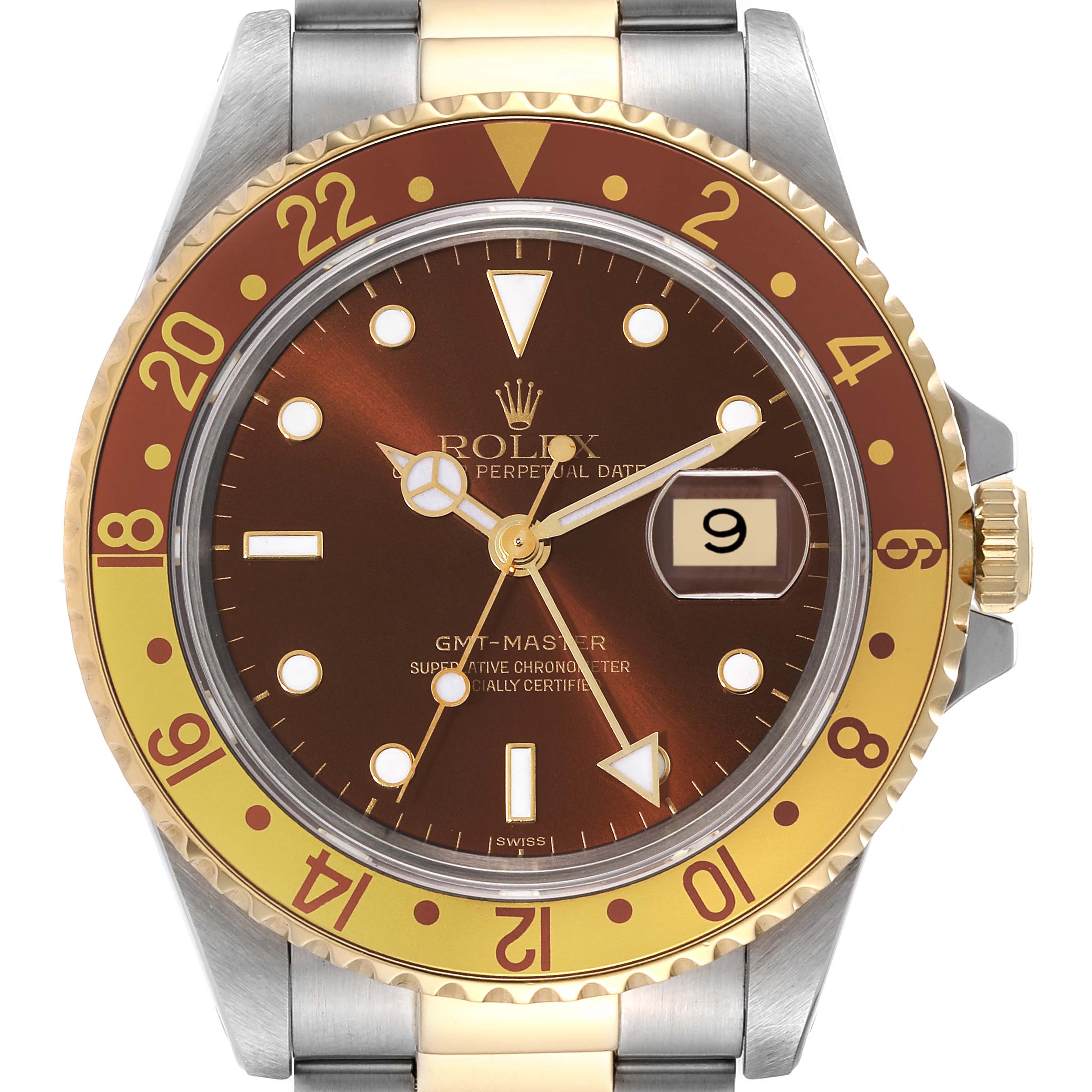 The image shows a front view of a Rolex GMT-Master 16713 Men's Stainless Steel Brown Dial 16713 Men's Stainless Steel Brown Dial watch, featuring a brown and gold bezel, a date window, and a stainless steel and gold band.