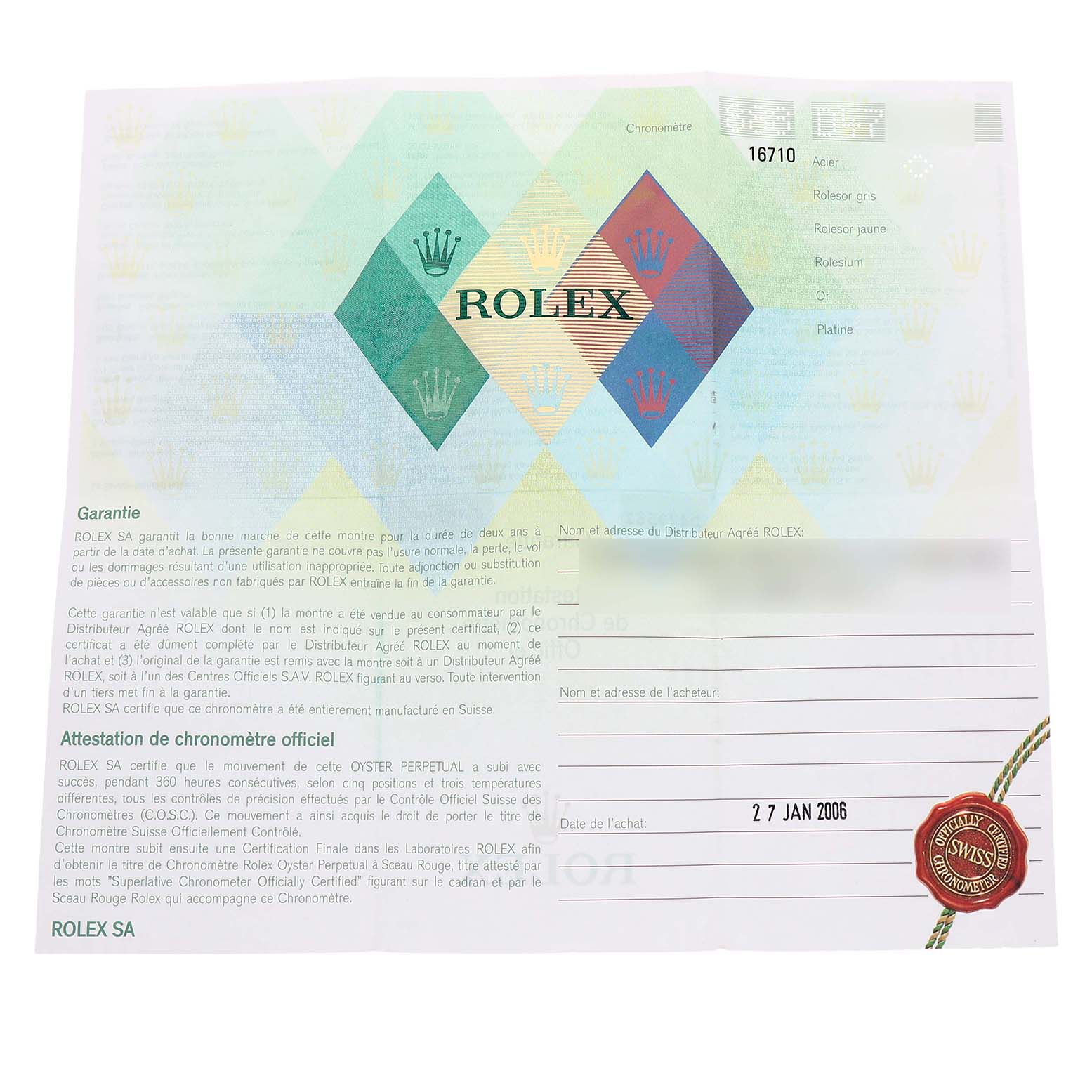 The image shows a warranty certificate for the Rolex GMT-Master 16710 T Men's Stainless Steel Black Dial model, featuring text and the Rolex logo.