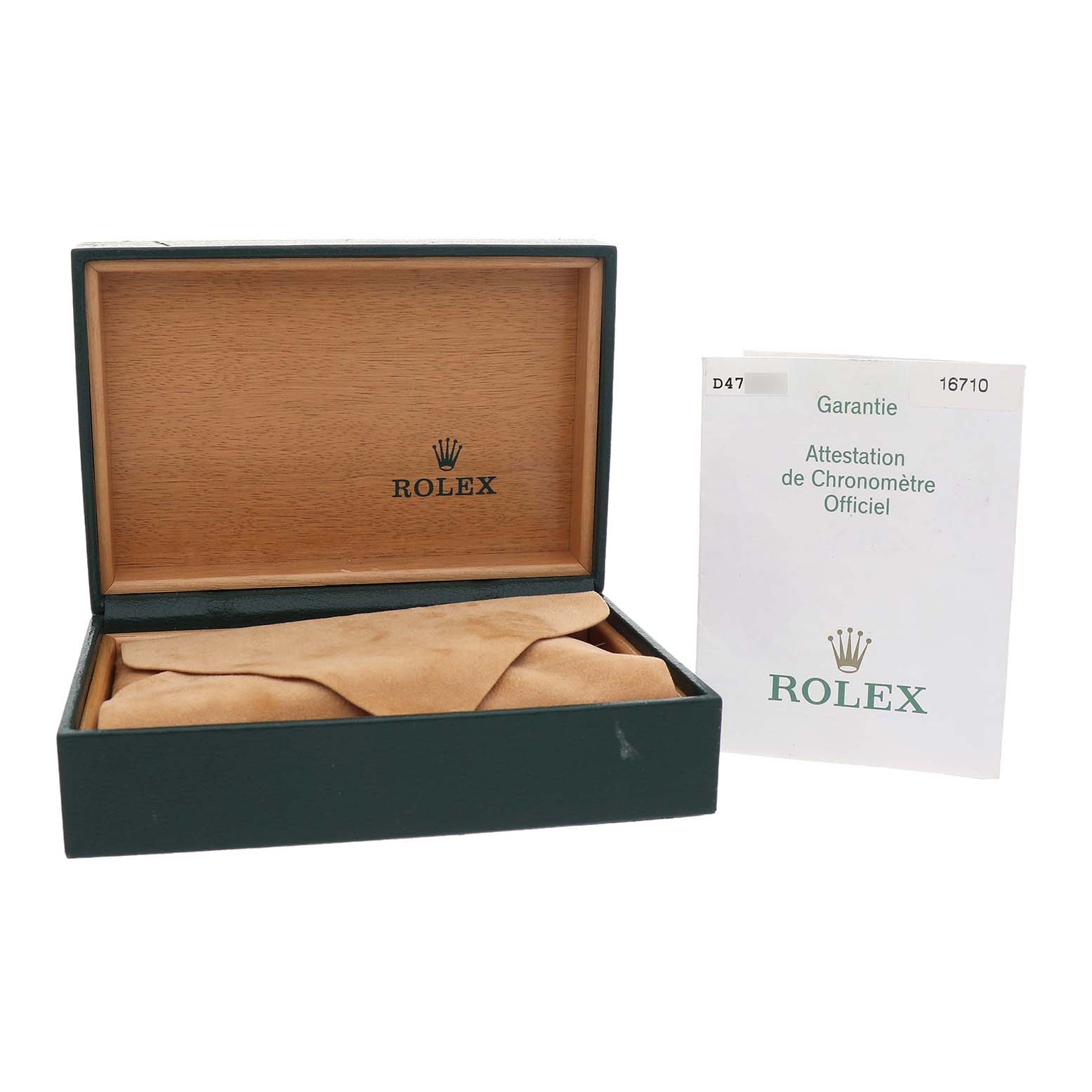 The image shows a Rolex GMT-Master 16710 T Men's Stainless Steel Black Dial watch box open with a suede cover inside, alongside a warranty certificate.