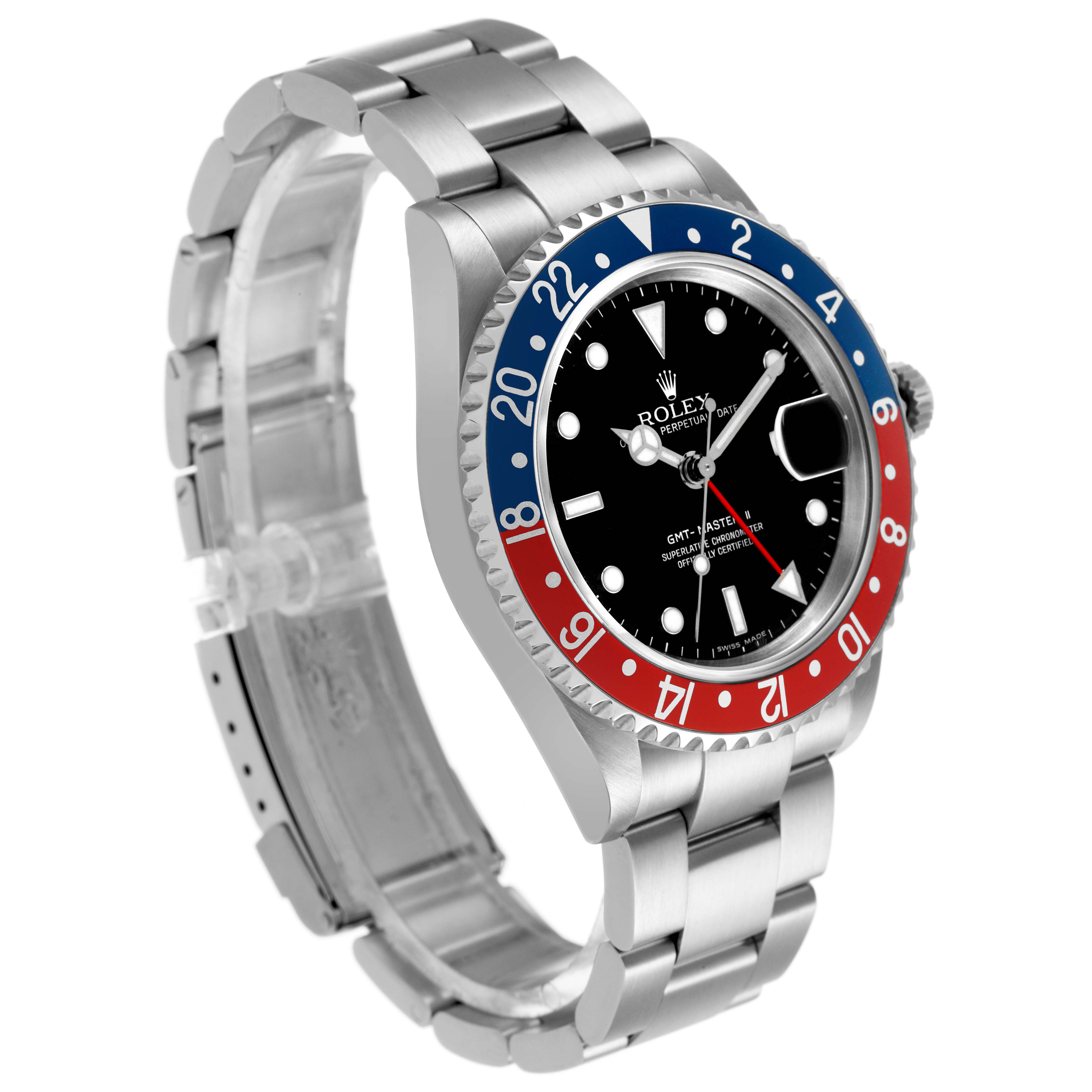 The Rolex GMT-Master 16710 T Men's Stainless Steel Black Dial is shown at a three-quarter angle, highlighting the bezel, face, and bracelet.