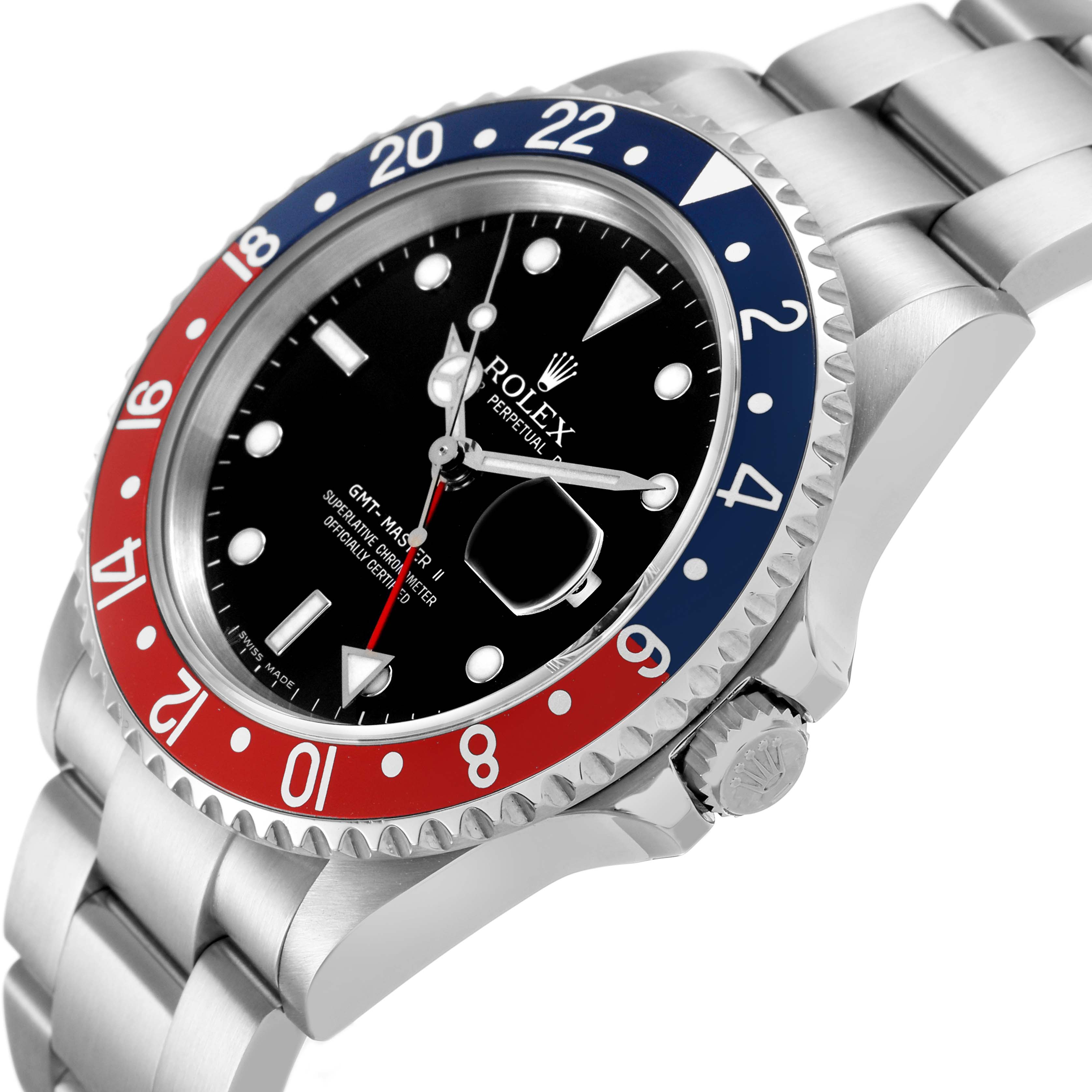 The Rolex GMT-Master 16710 T Men's Stainless Steel Black Dial model is shown at a slightly angled side view, displaying the bezel, dial, and bracelet.