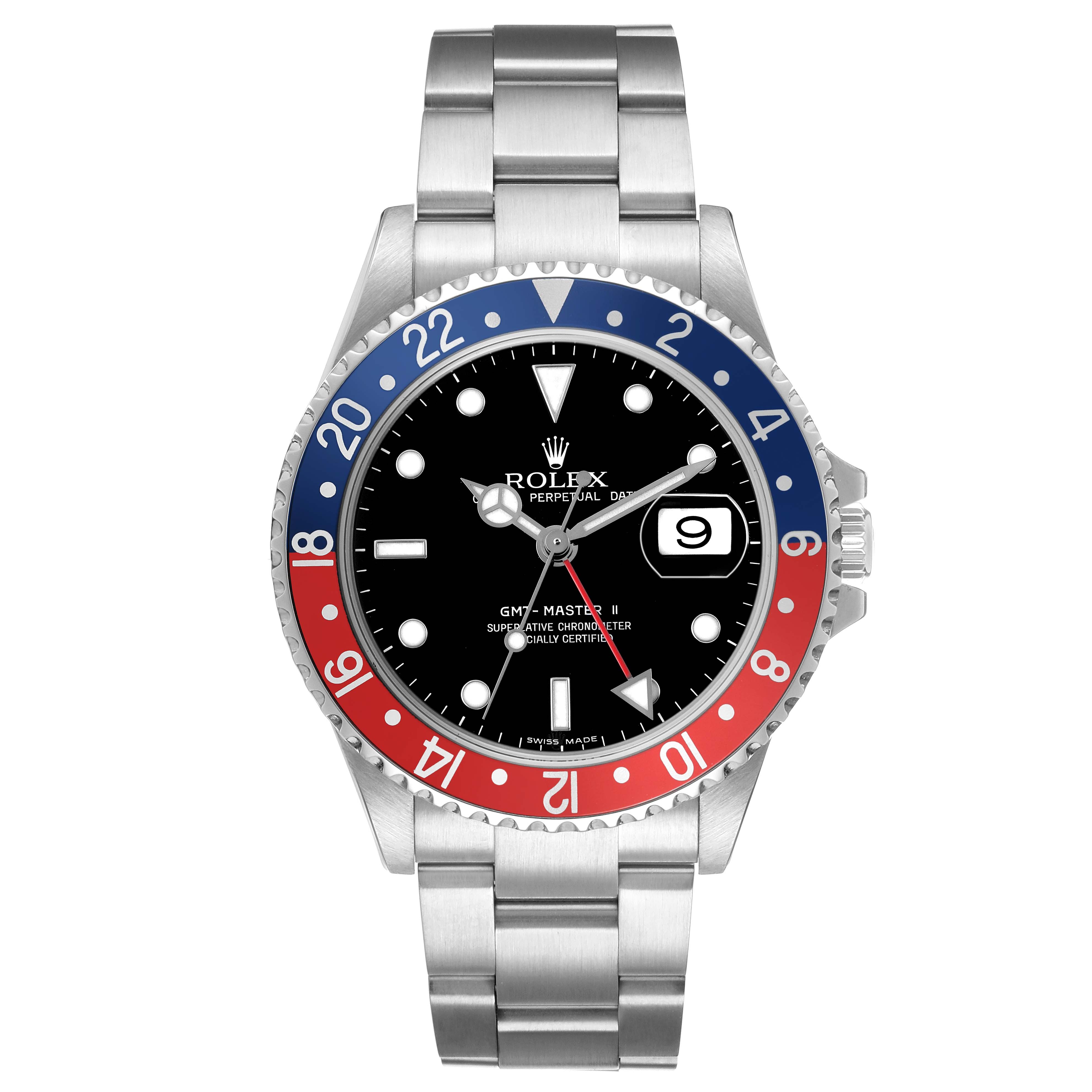 The Rolex GMT-Master 16710 T Men's Stainless Steel Black Dial watch is shown from the front, highlighting the bezel, dial, hands, and bracelet.