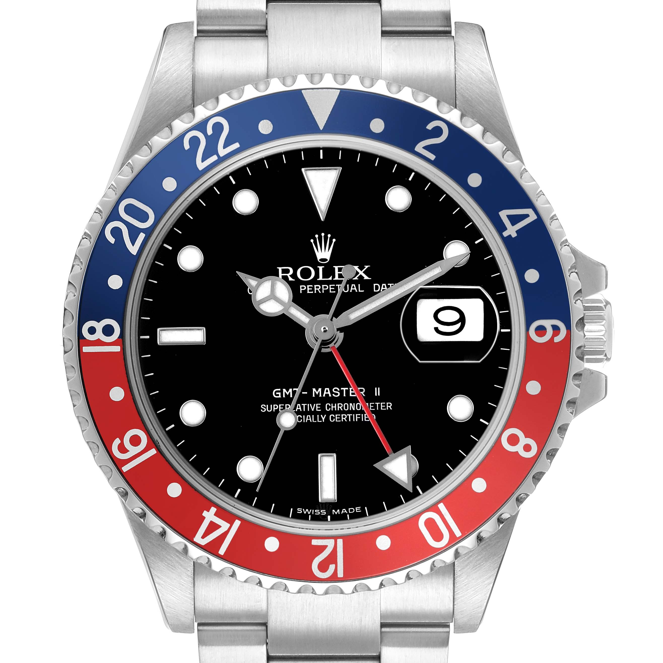 The Rolex GMT-Master 16710 T Men's Stainless Steel Black Dial watch is shown from the front, highlighting the blue and red bezel, black dial, and date window.