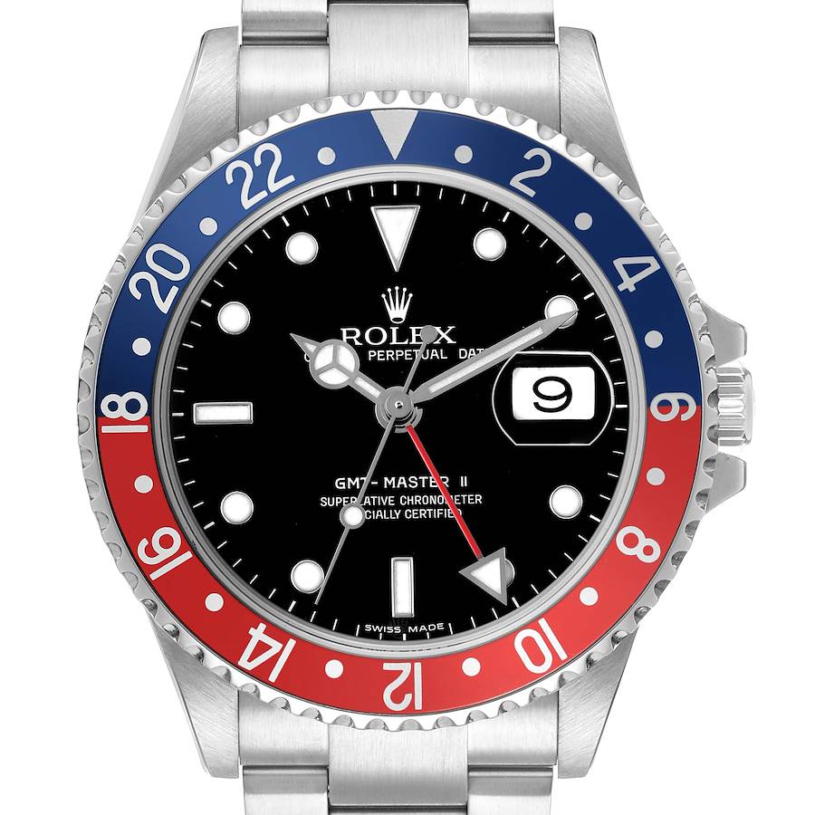 The Rolex GMT-Master 16710 T Men's Stainless Steel Black Dial watch is shown from the front, highlighting the blue and red bezel, black dial, and date window.