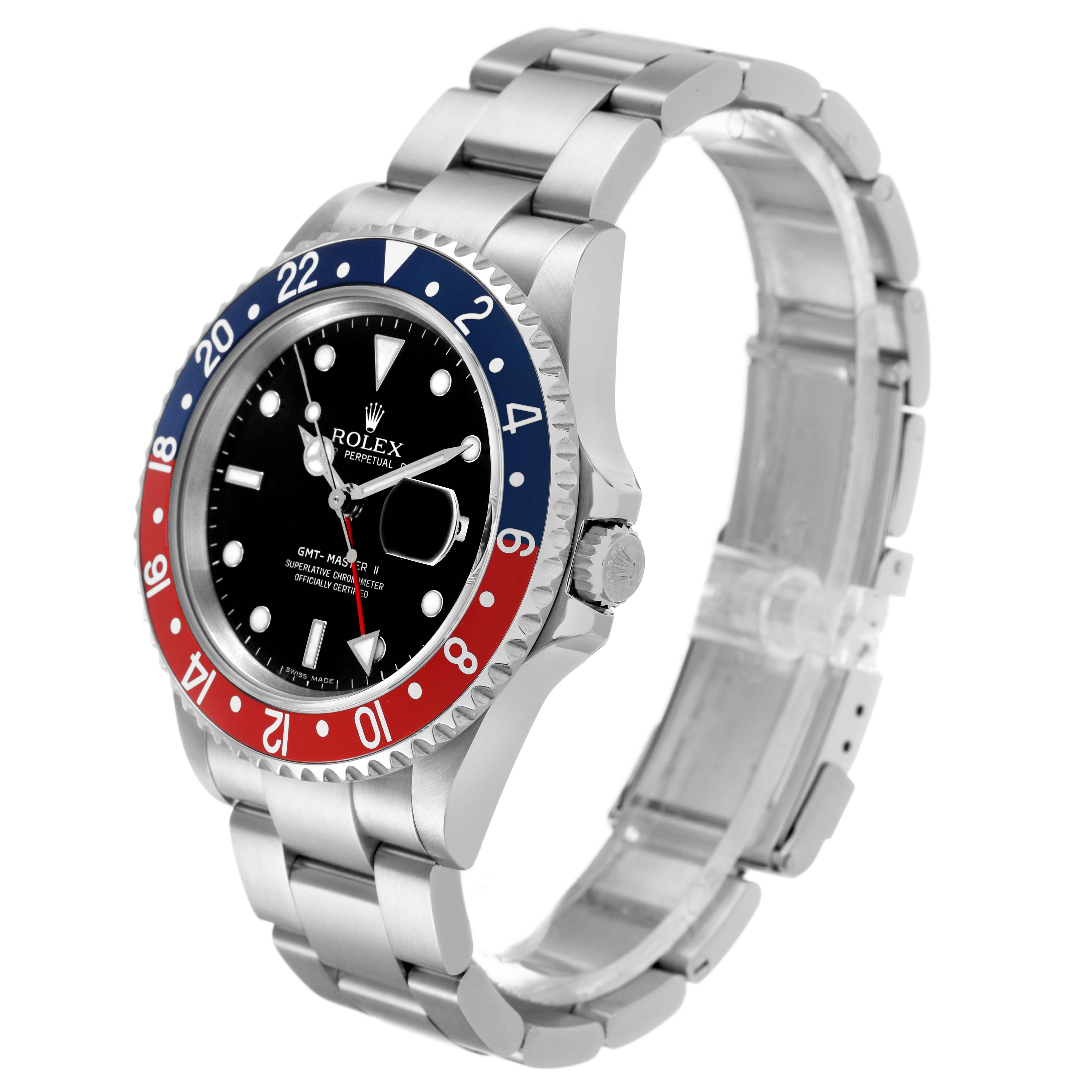 The image shows a Rolex GMT-Master 16710 T Men's Stainless Steel Black Dial at a three-quarter angle, highlighting the bezel, dial, crown, and bracelet.
