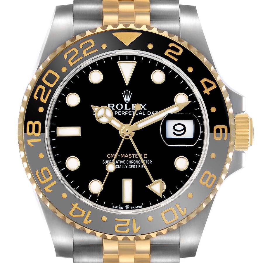 The image shows a frontal view of the Rolex GMT-Master 126713 Men's Steel and Gold (two tone) Black Dial II, highlighting the dial, bezel, and part of the metal bracelet.