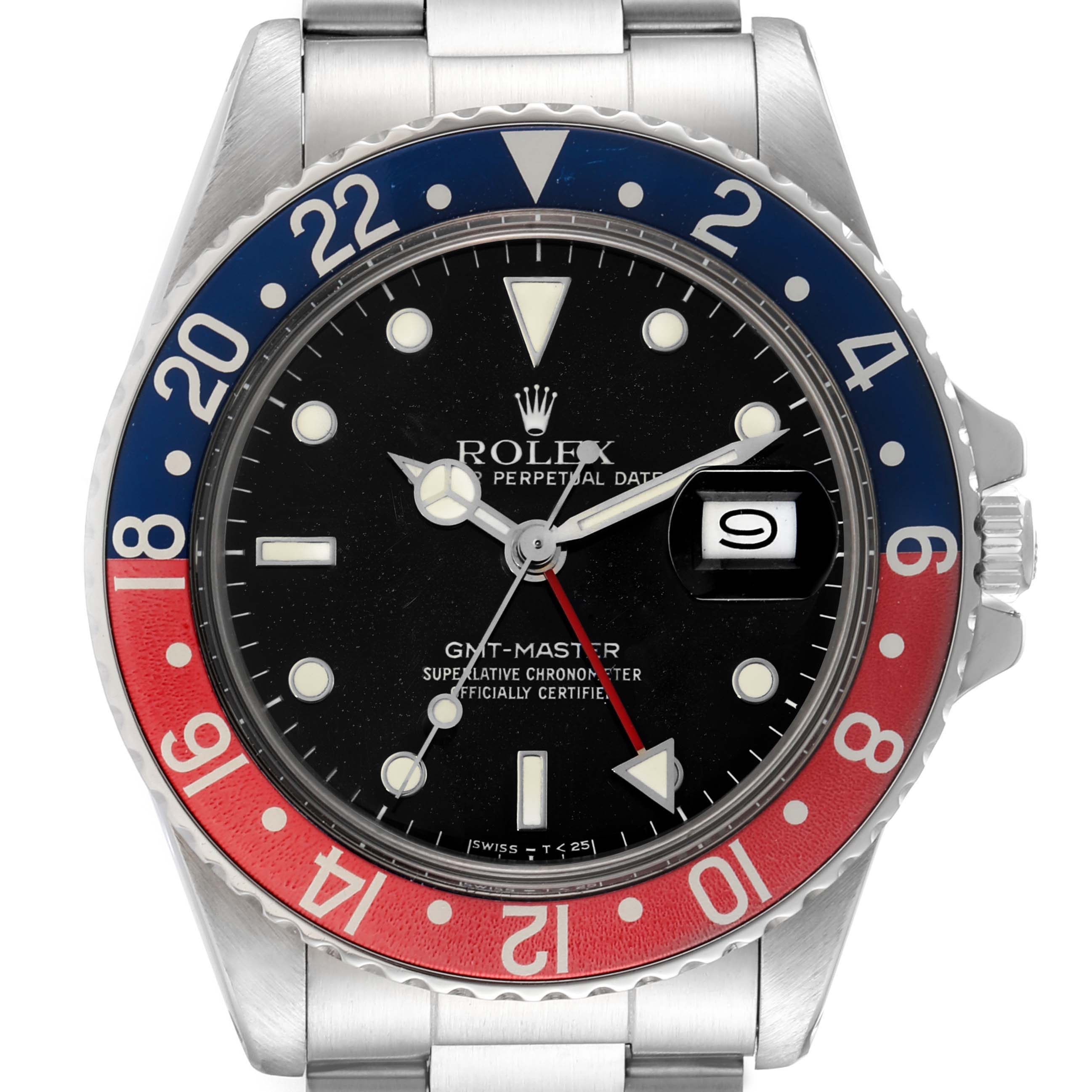 The image shows a front view of the Rolex Vintage Collection 16750 Men's Stainless Steel Black Dial 16750 Men's Stainless Steel Black Dial GMT-Master watch, highlighting its dial, bezel, and bracelet.