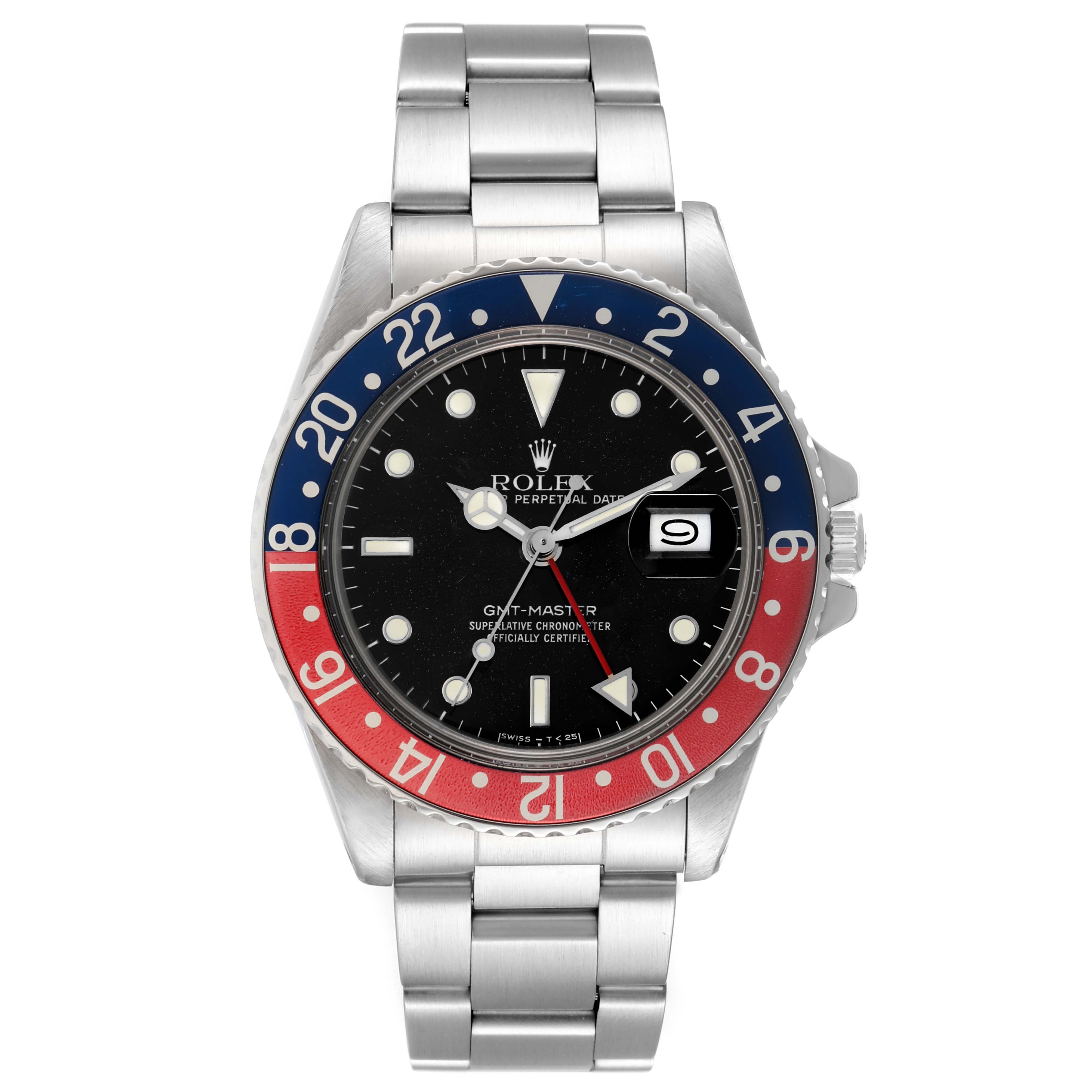 The Rolex Vintage Collection 16750 Men's Stainless Steel Black Dial 16750 Men's Stainless Steel Black Dial watch is shown from a front angle, displaying its face, bezel, bracelet, and crown.
