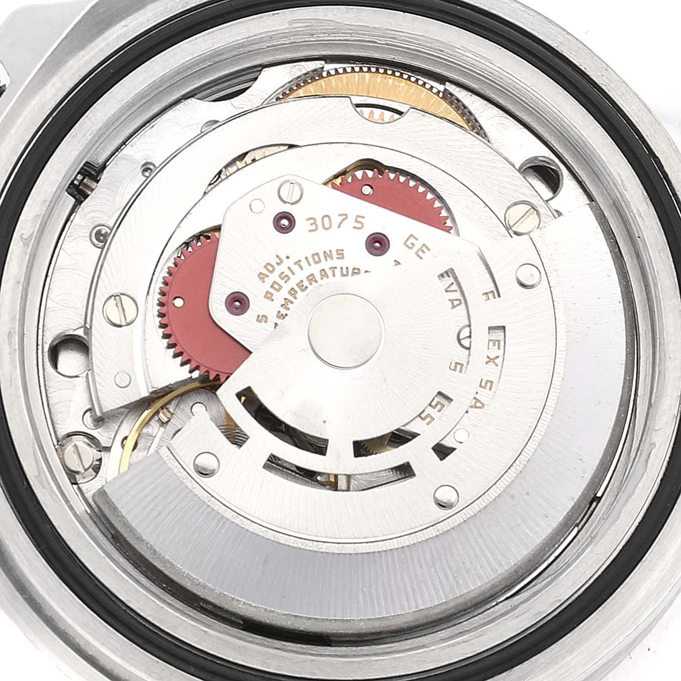 This image shows a detailed close-up of the internal movement parts of a Rolex Vintage Collection 16750 Men's Stainless Steel Black Dial 16750 Men's Stainless Steel Black Dial model watch.