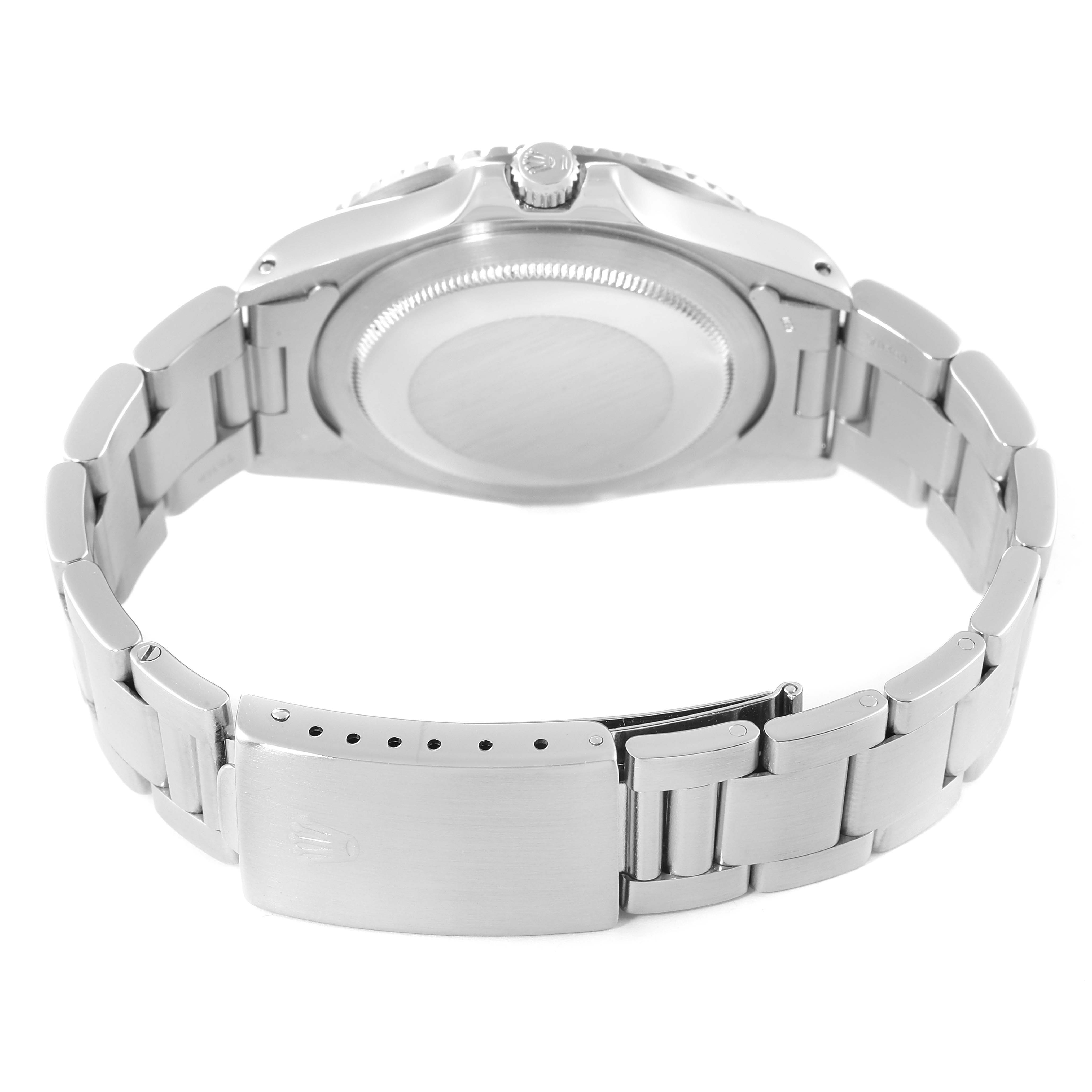 The image shows the back view of the Rolex Vintage Collection 16750 Men's Stainless Steel Black Dial 16750 Men's Stainless Steel Black Dial model watch, displaying the clasp, bracelet, and case back.