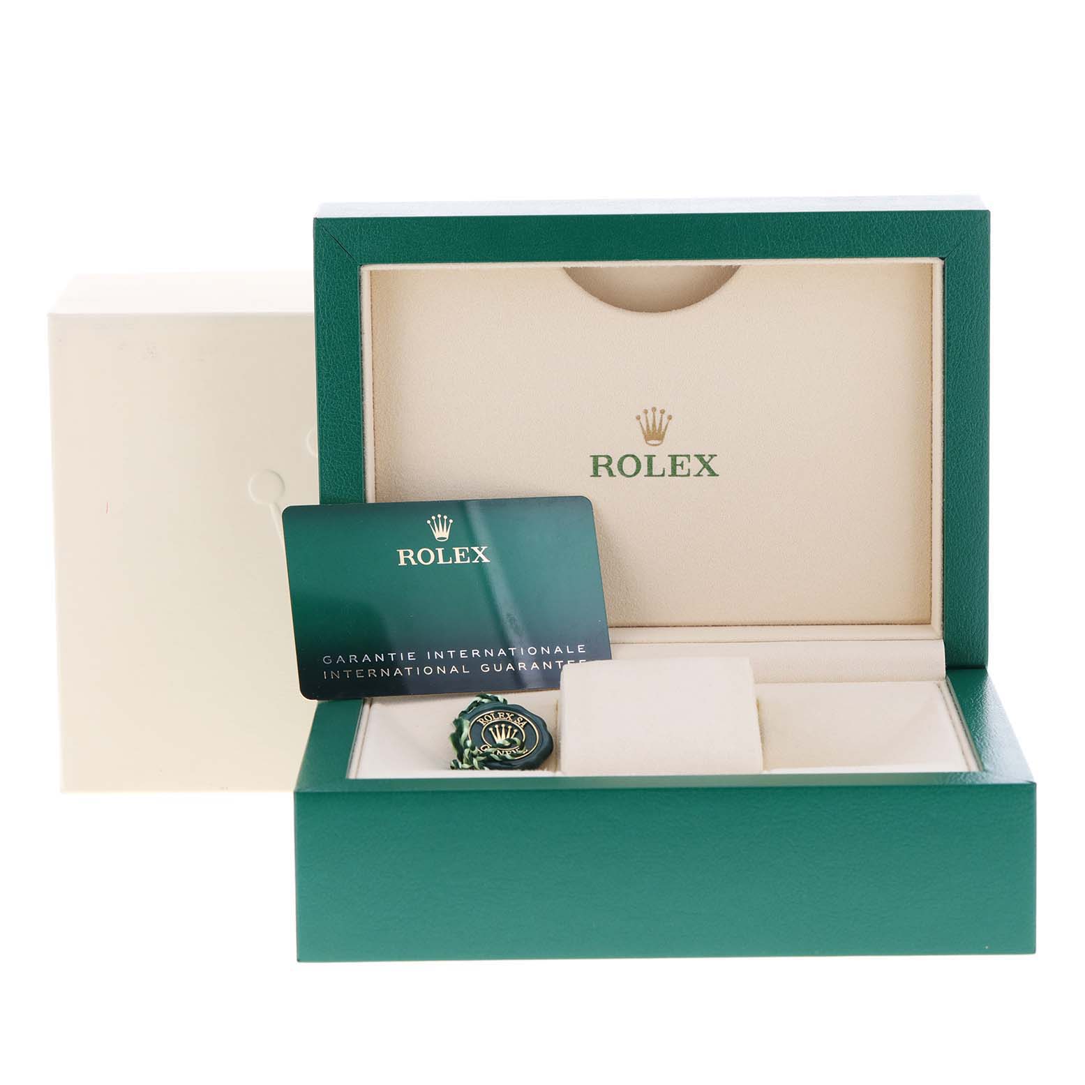 The image shows a Rolex Mid-Size 277200 Women's Stainless Steel Blue Dial 277200 Women's Stainless Steel Blue Dial watch in its green and beige branded box, with an international guarantee card.