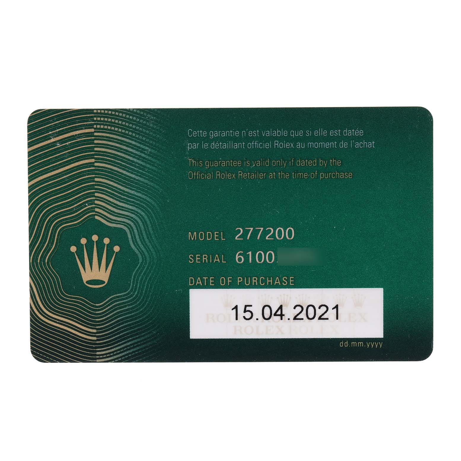 The image shows a Rolex card with model number 277200, serial number, and purchase date for a Mid-Size watch.