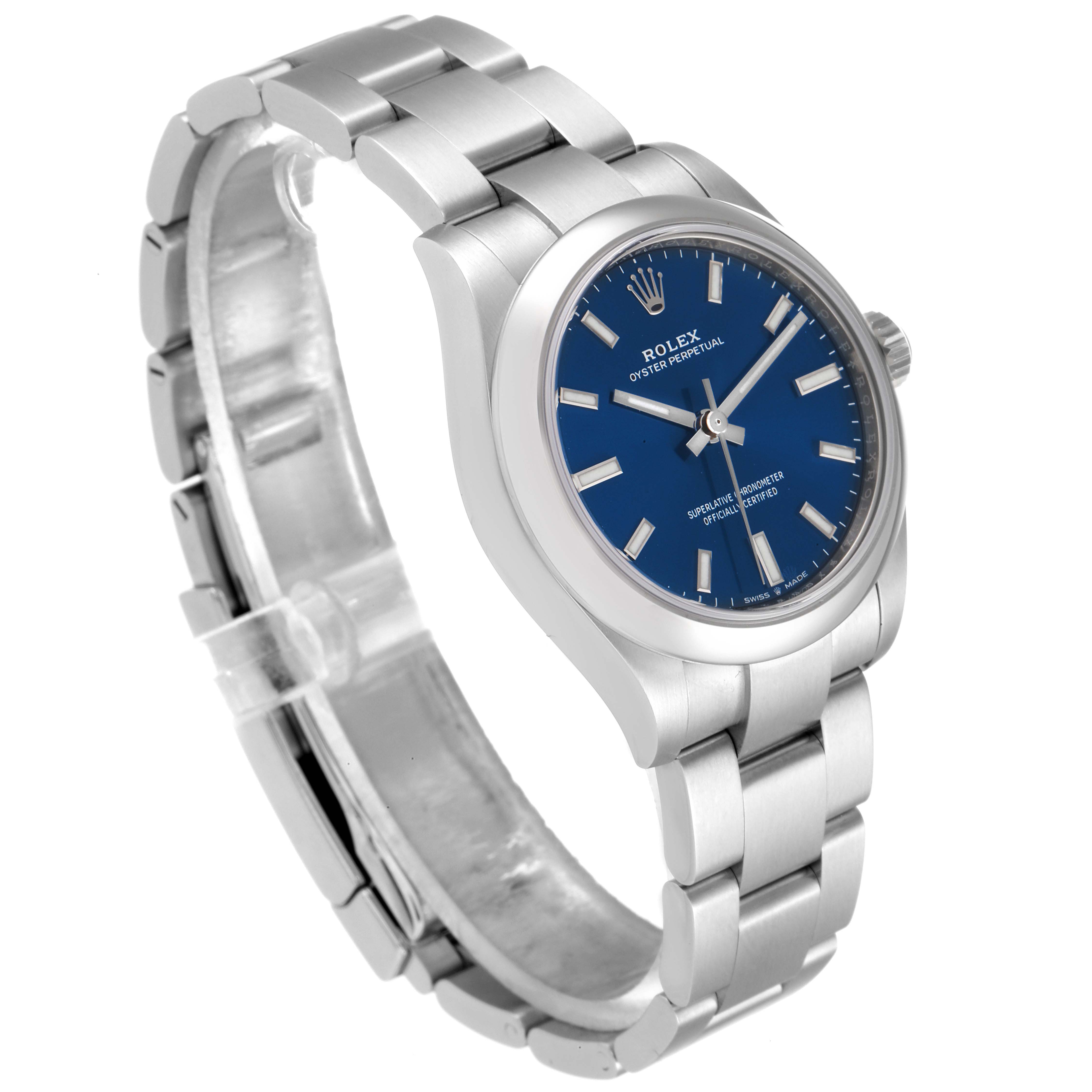 The image shows a Rolex Mid-Size 277200 Women's Stainless Steel Blue Dial 277200 Women's Stainless Steel Blue Dial model from a side angle, highlighting the blue dial, stainless steel bracelet, and brushed finish bezel.