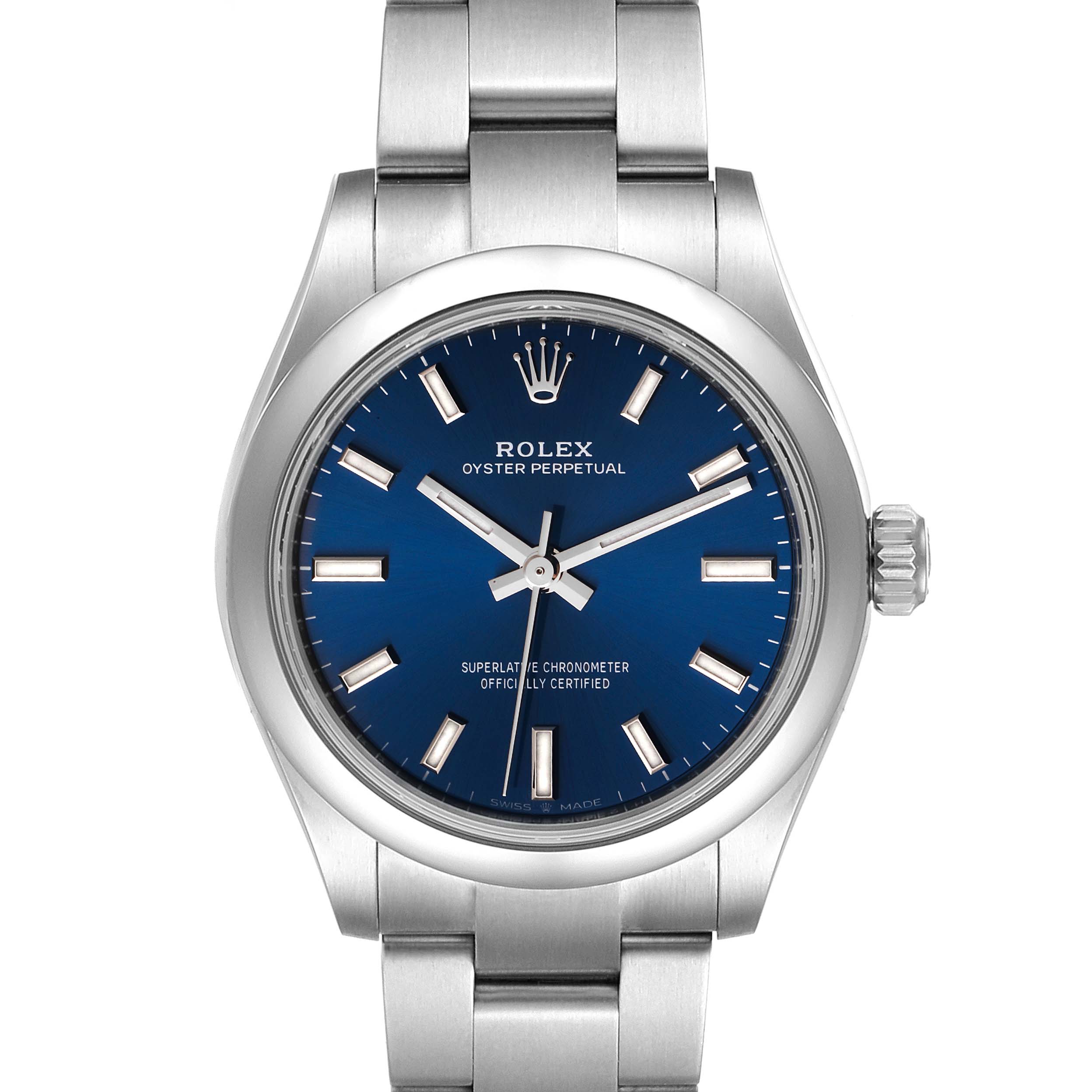 The image shows a front view of a Rolex Mid-Size 277200 Women's Stainless Steel Blue Dial 277200 Women's Stainless Steel Blue Dial Oyster Perpetual watch with a blue dial and stainless steel bracelet.