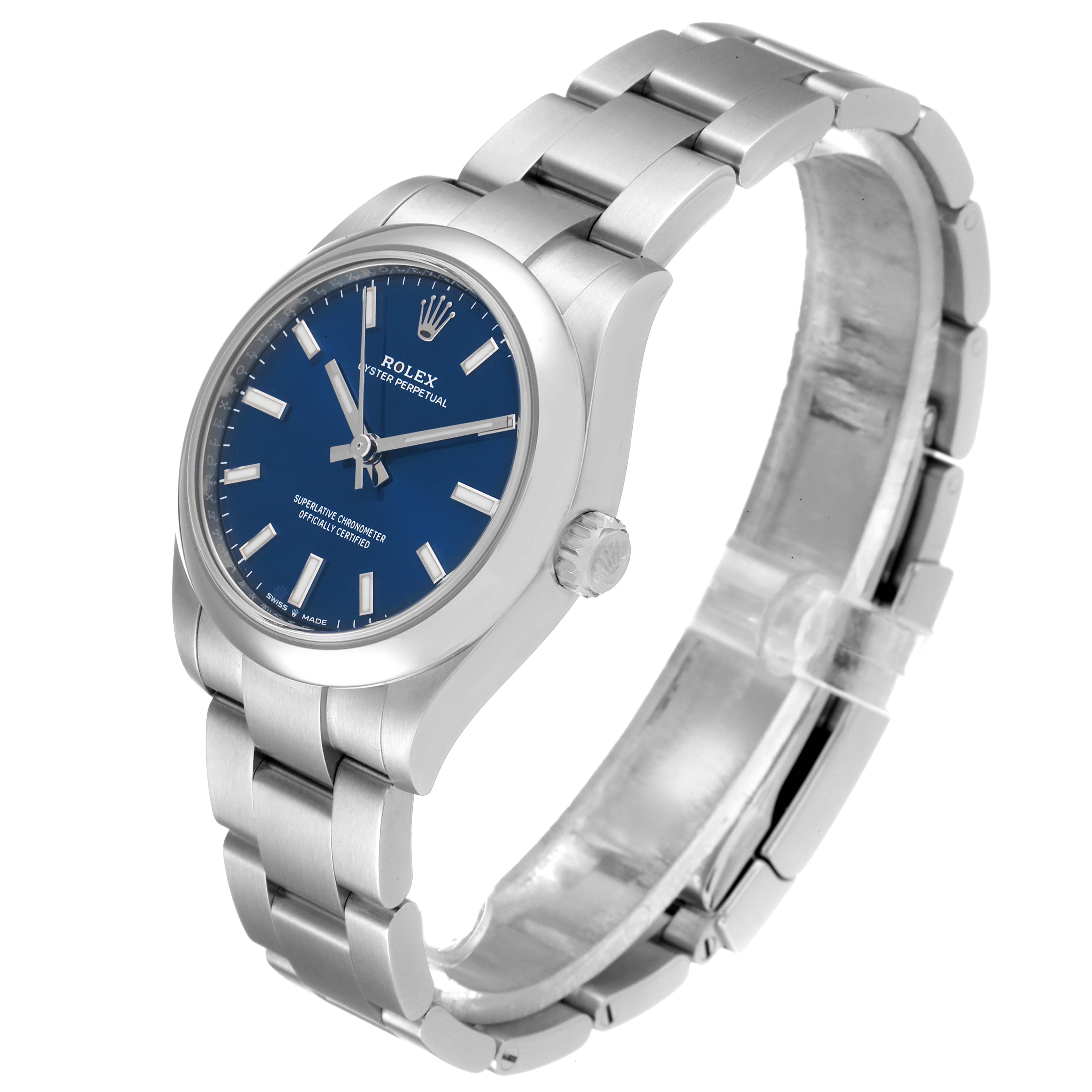 This Rolex Mid-Size 277200 Women's Stainless Steel Blue Dial 277200 Women's Stainless Steel Blue Dial watch is shown at a side angle, displaying the face, bezel, crown, and bracelet.