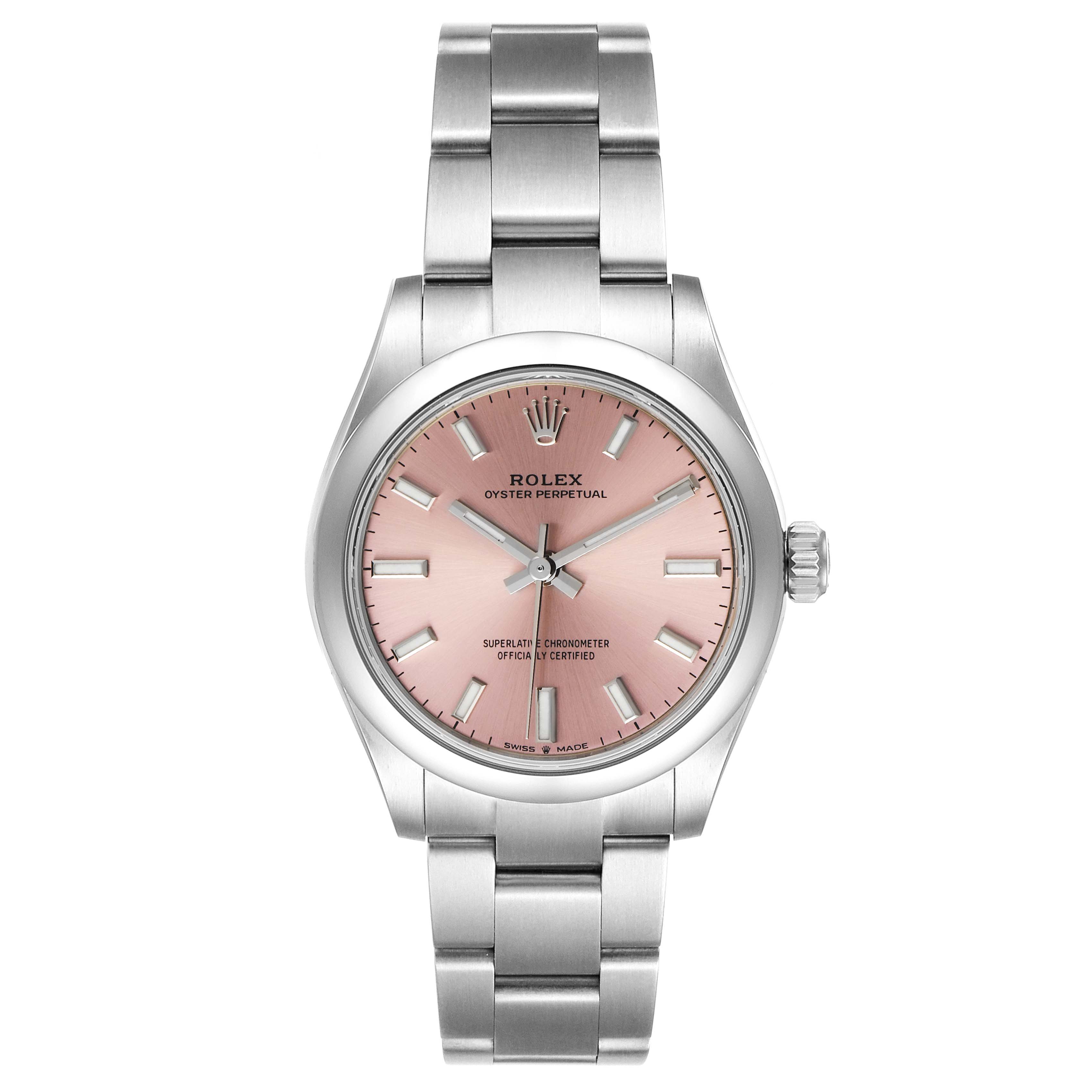 This image shows a front view of a Rolex Mid-Size 277200 Women's Stainless Steel Pink Dial 277200 Women's Stainless Steel Pink Dial Oyster Perpetual watch with a pink dial and silver bracelet.