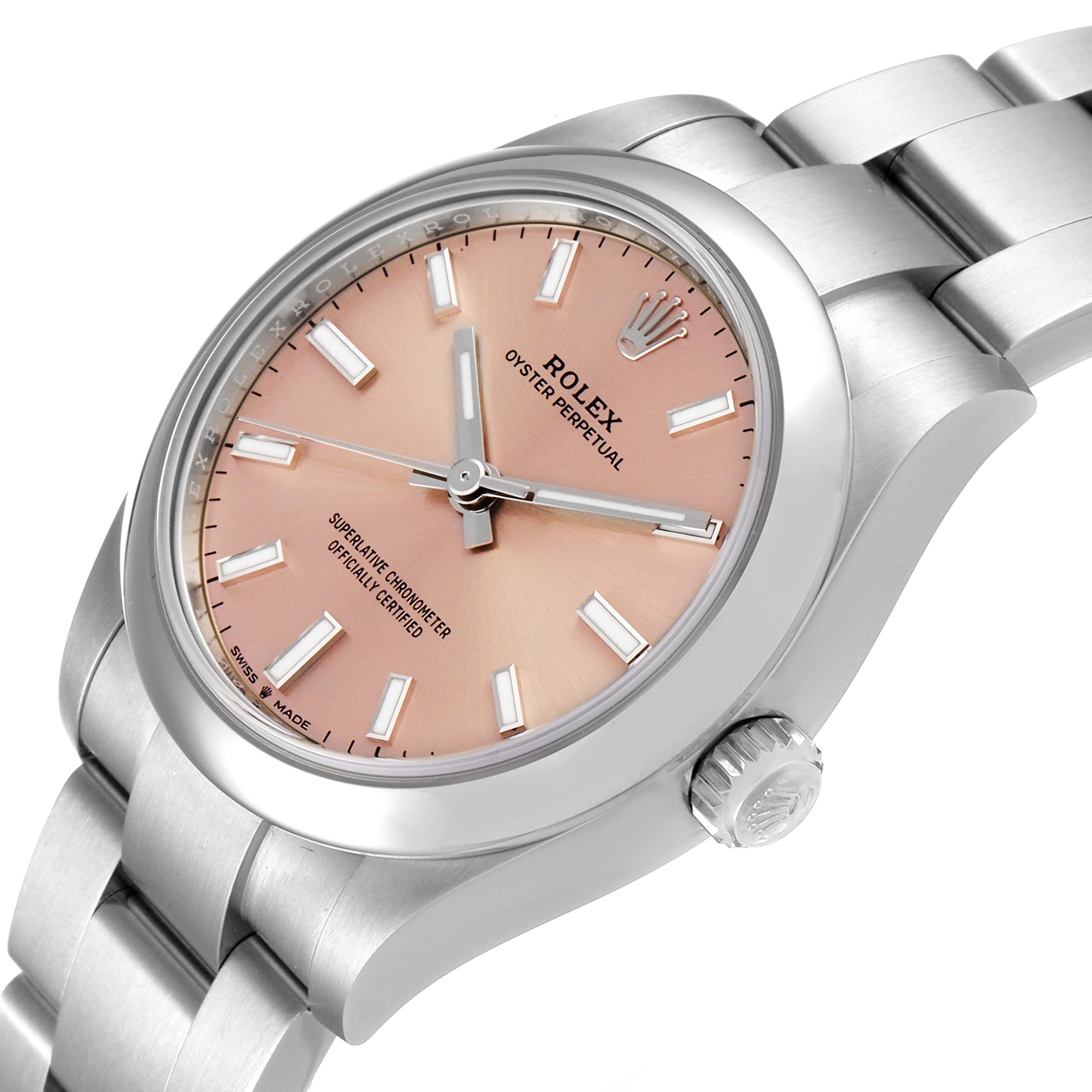 The image shows a Rolex Mid-Size 277200 Women's Stainless Steel Pink Dial 277200 Women's Stainless Steel Pink Dial Oyster Perpetual watch with a pink dial at a slight angle showcasing the face, bezel, and bracelet.