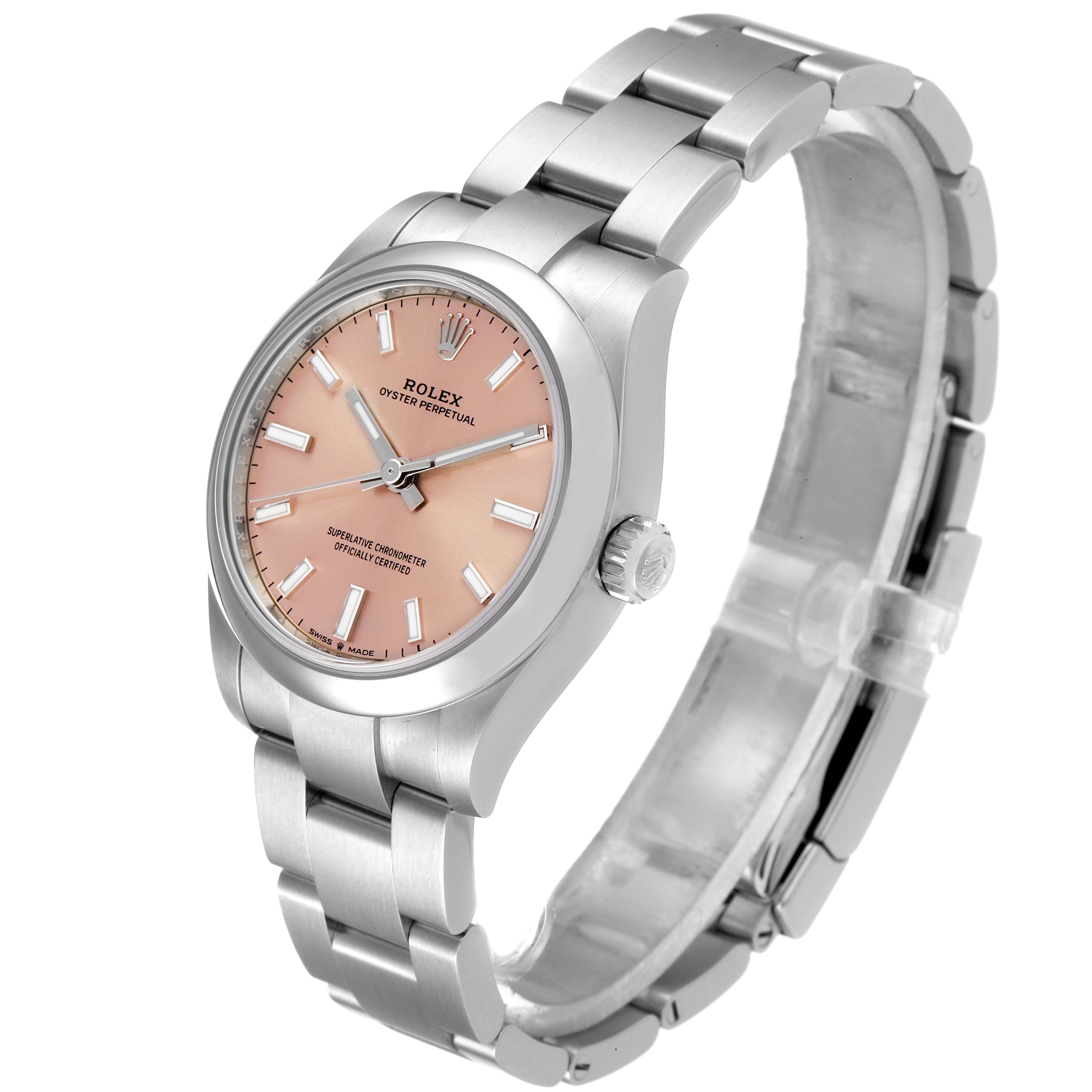 The image displays a Rolex Mid-Size 277200 Women's Stainless Steel Pink Dial 277200 Women's Stainless Steel Pink Dial Oyster Perpetual watch viewed from a three-quarter angle, showing the face, bracelet, and clasp.