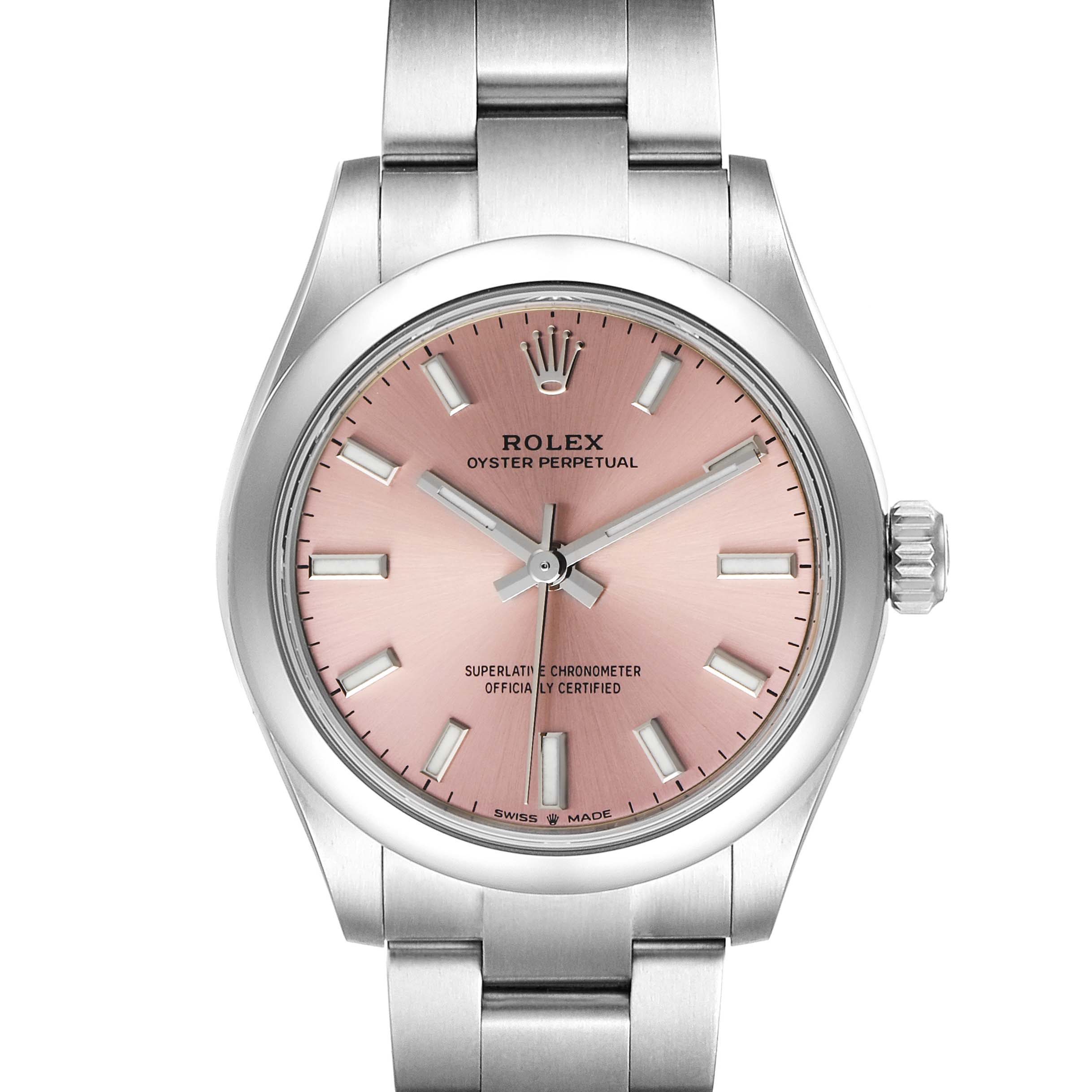 The image shows a front view of a Rolex Mid-Size 277200 Women's Stainless Steel Pink Dial 277200 Women's Stainless Steel Pink Dial Oyster Perpetual with a pink dial and silver bracelet.