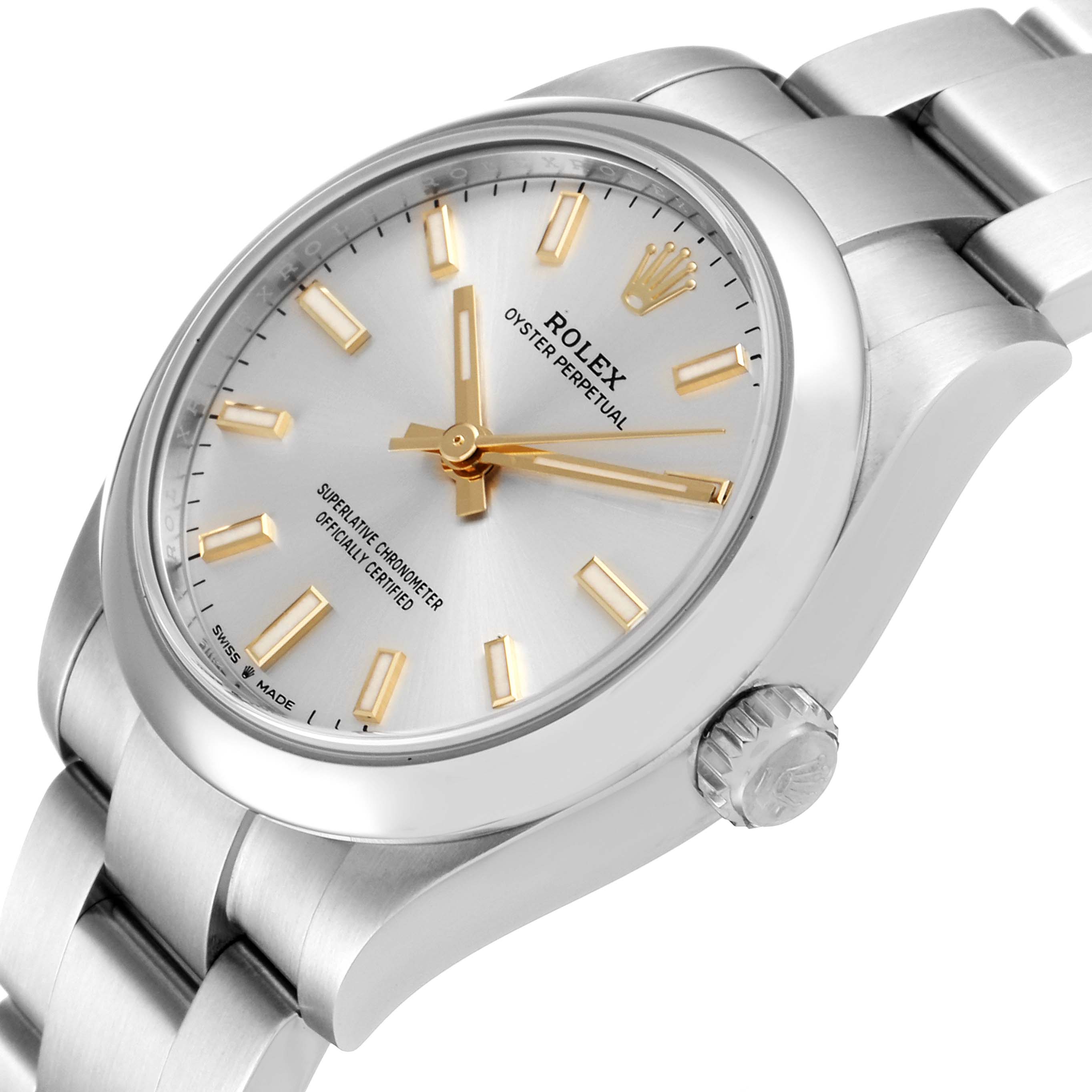 The image shows a side-angle view of the Rolex Mid-Size 277200 Women's Stainless Steel Silver Dial 277200 Women's Stainless Steel Silver Dial Oyster Perpetual watch, highlighting the dial, crown, and bracelet.