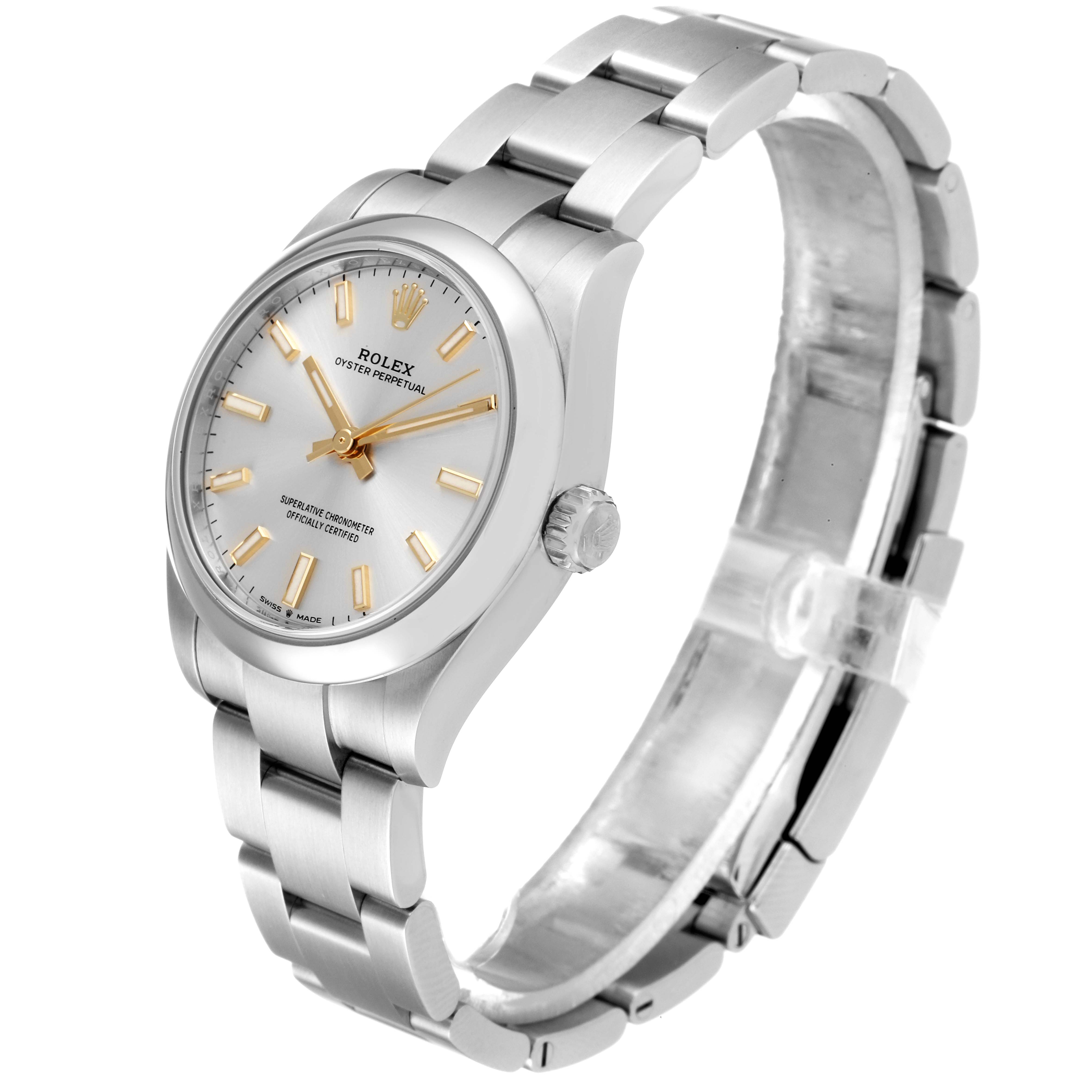 The Rolex Mid-Size 277200 Women's Stainless Steel Silver Dial 277200 Women's Stainless Steel Silver Dial model watch is shown at a three-quarter angle, displaying the dial, crown, and bracelet.