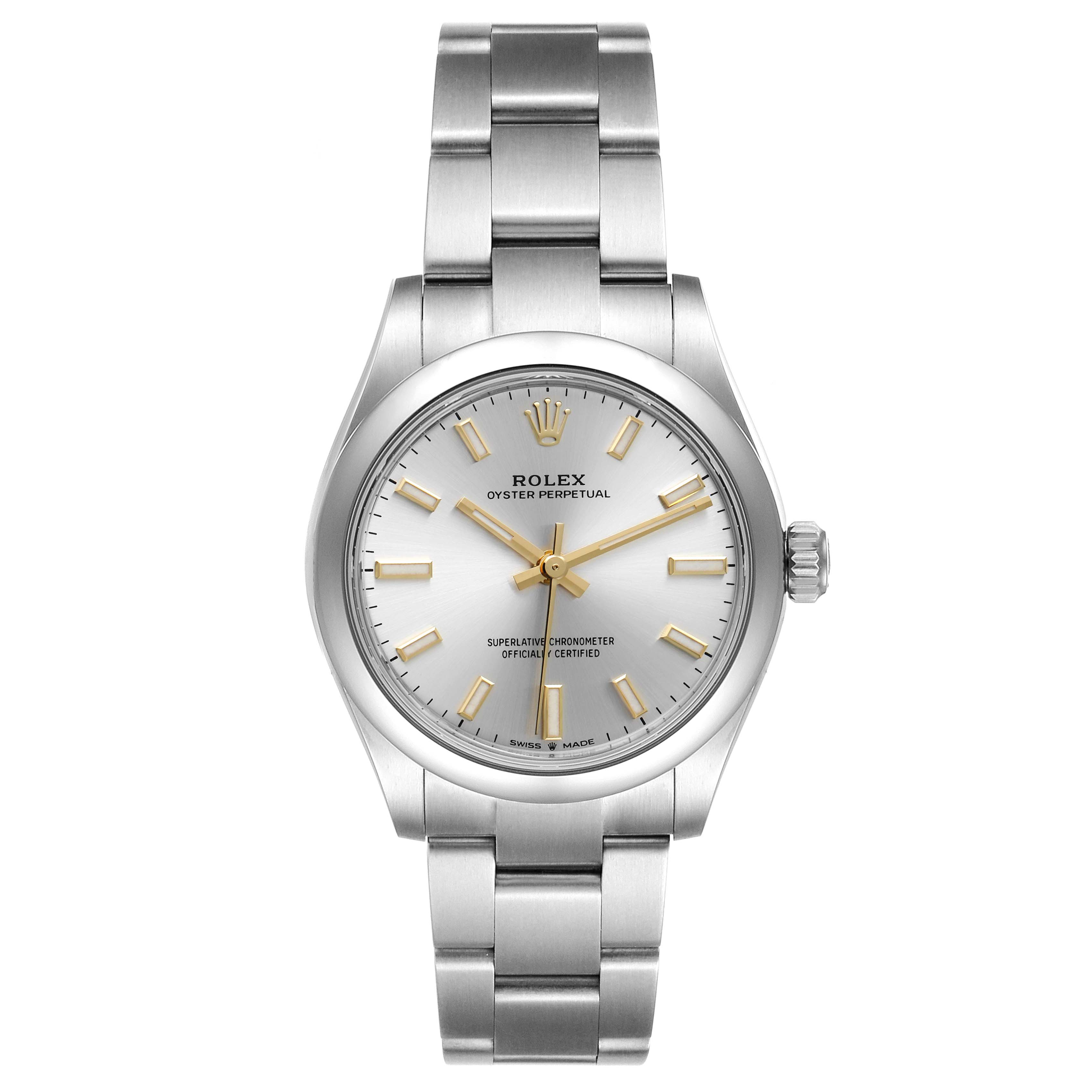 This Rolex Oyster Perpetual Mid-Size watch is shown from a top-down angle, displaying its face, bezel, and band.