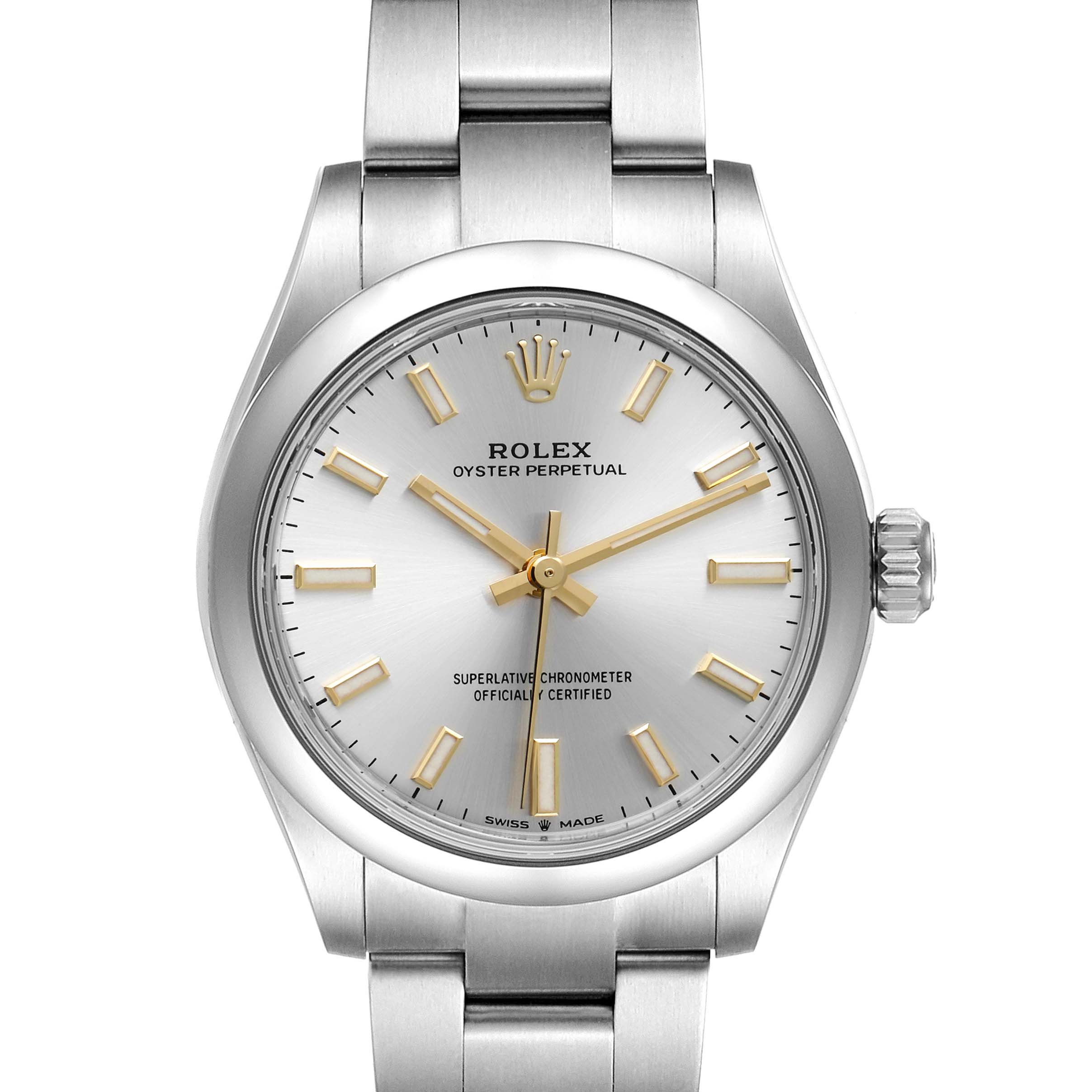 The image shows a front view of the Rolex Oyster Perpetual Mid-Size watch, including its dial, hands, bezel, and part of the bracelet.