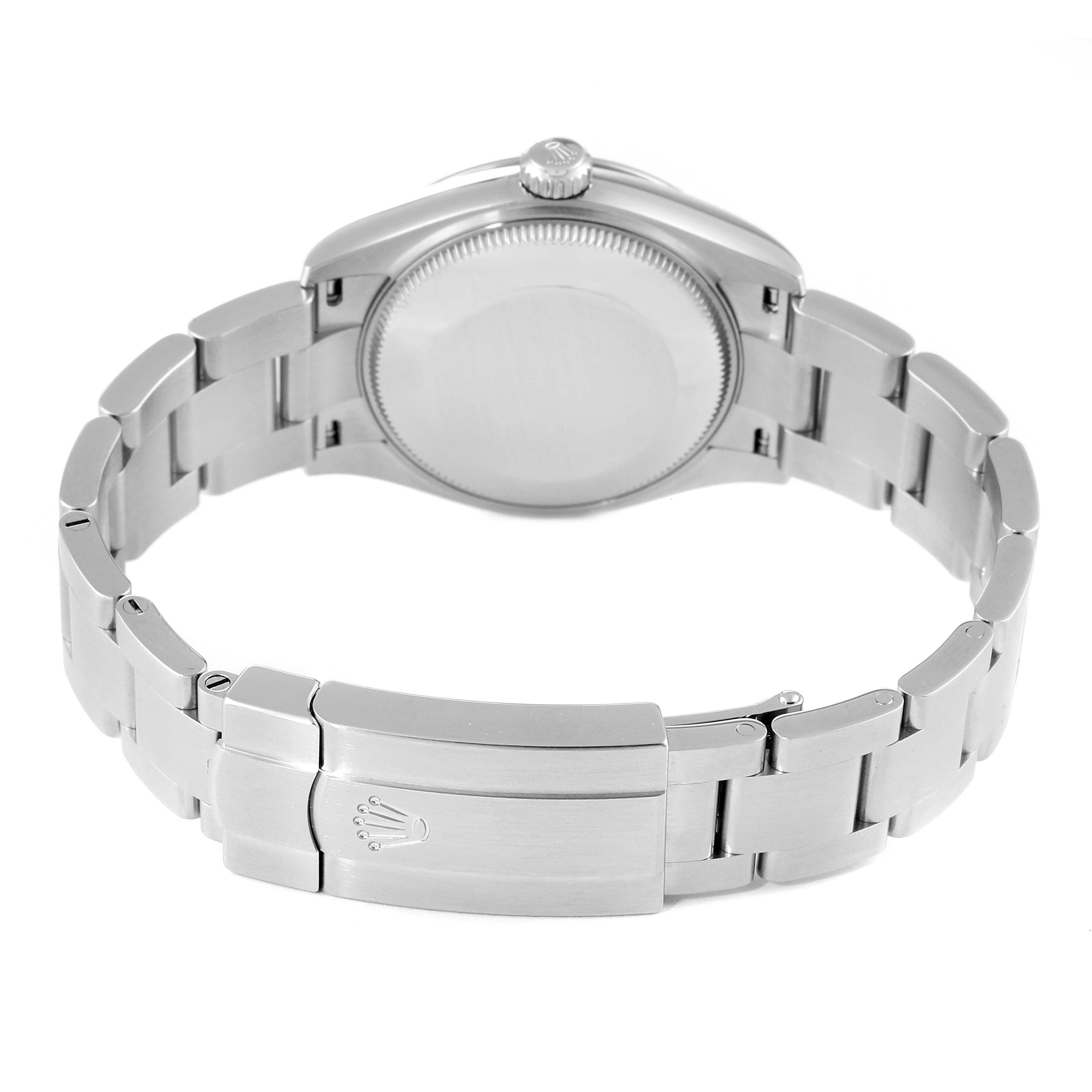 This image shows the back view of a Rolex Mid-Size 277200 Women's Stainless Steel Silver Dial 277200 Women's Stainless Steel Silver Dial model watch, displaying the case back and the bracelet with the clasp.