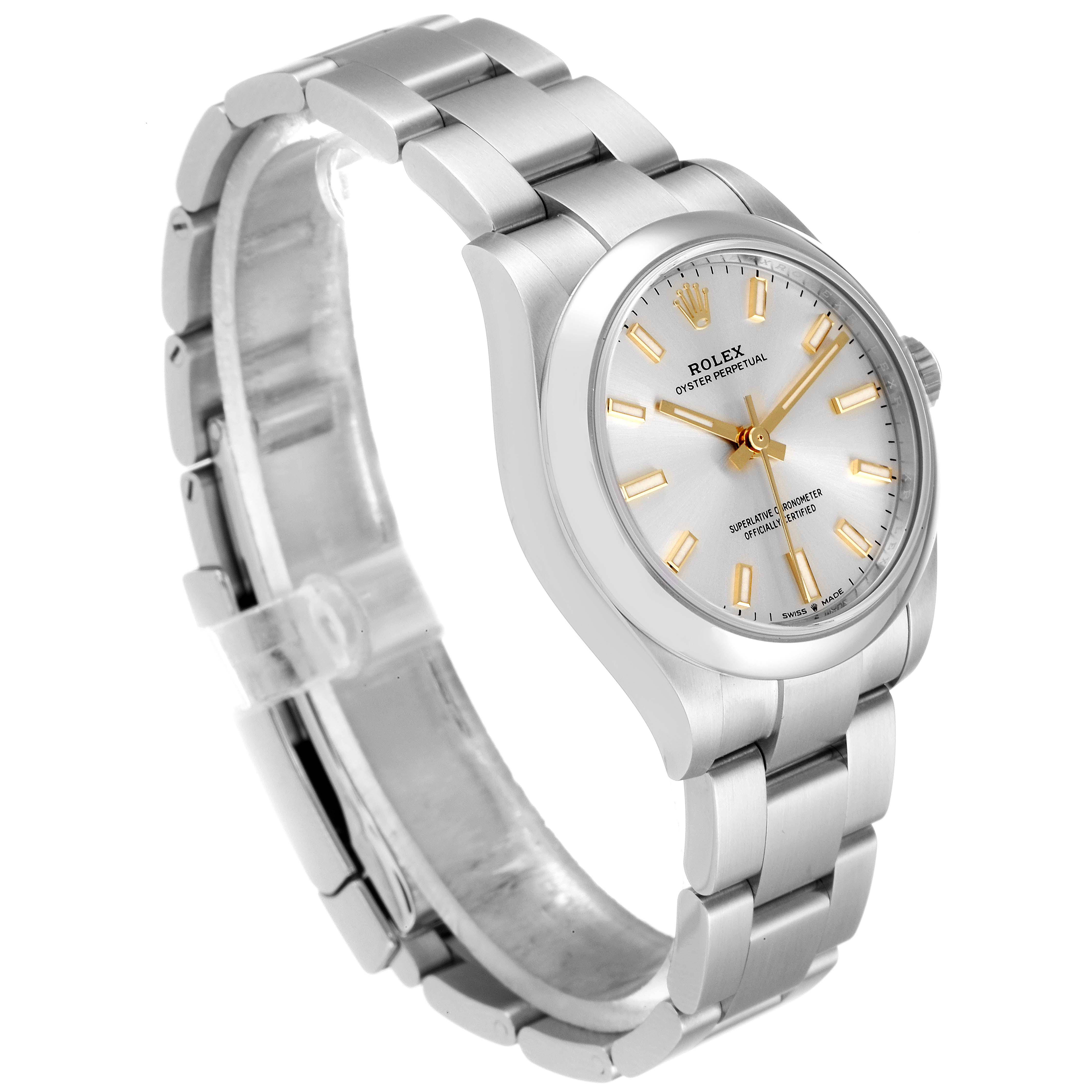 The image shows a side angle of a Rolex Mid-Size 277200 Women's Stainless Steel Silver Dial 277200 Women's Stainless Steel Silver Dial model, highlighting the watch’s face, bezel, and bracelet.