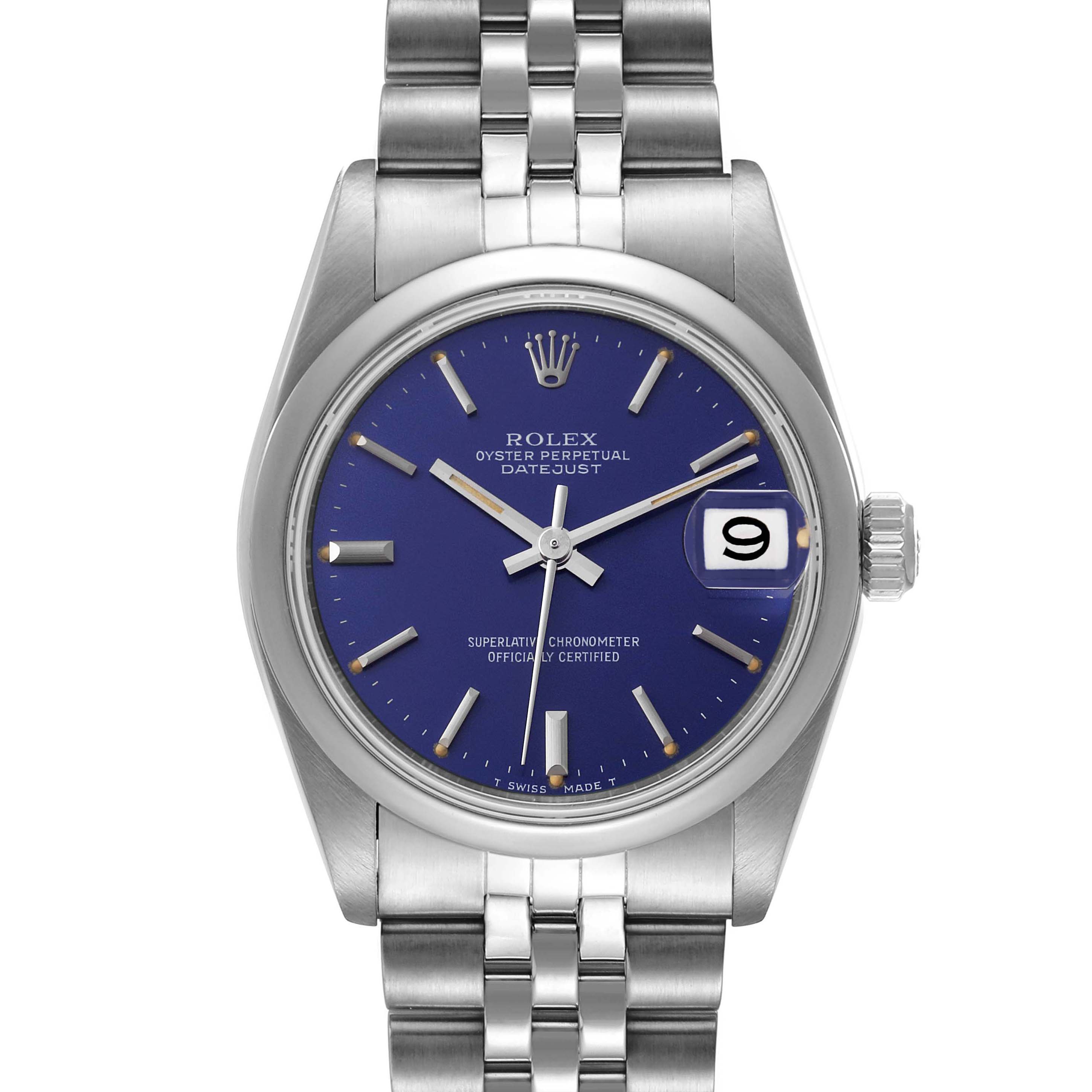 This image shows a front view of a Rolex Mid-Size 68240 Women
s Stainless Steel Blue Dial 68240 Women
s Stainless Steel Blue Dial Oyster Perpetual Datejust watch, displaying the blue dial, date window, and bracelet.