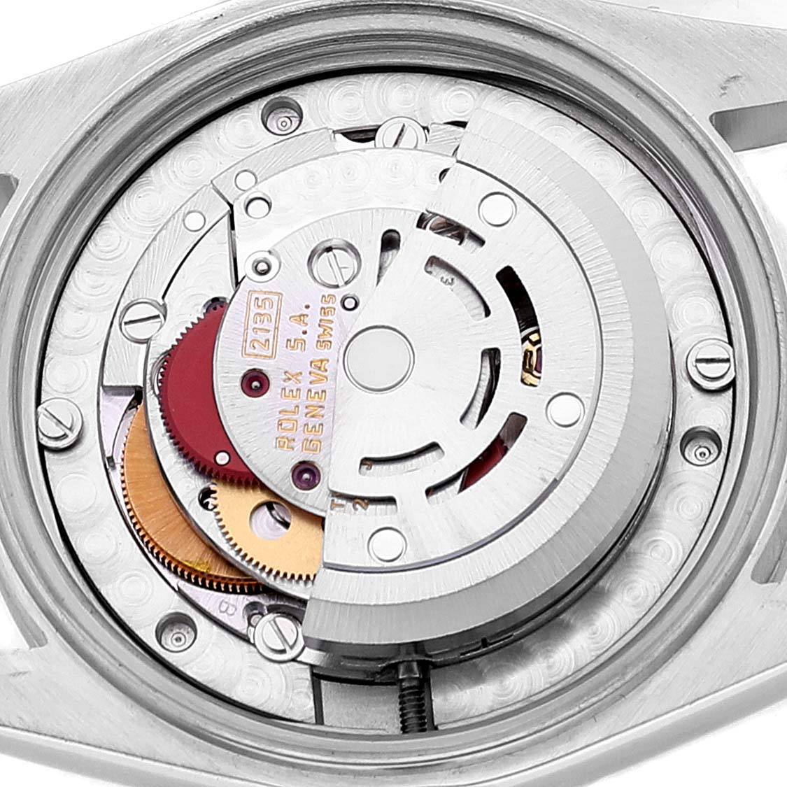 This is a close-up view showing the internal mechanism of a Rolex Mid-Size 68240 Women
s Stainless Steel Blue Dial 68240 Women
s Stainless Steel Blue Dial model watch.