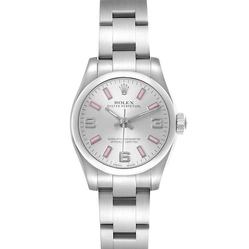 The image shows a front view of a Rolex Oyster Perpetual 176200 Women's Stainless Steel Silver Dial watch, highlighting the dial, bezel, crown, and bracelet.
