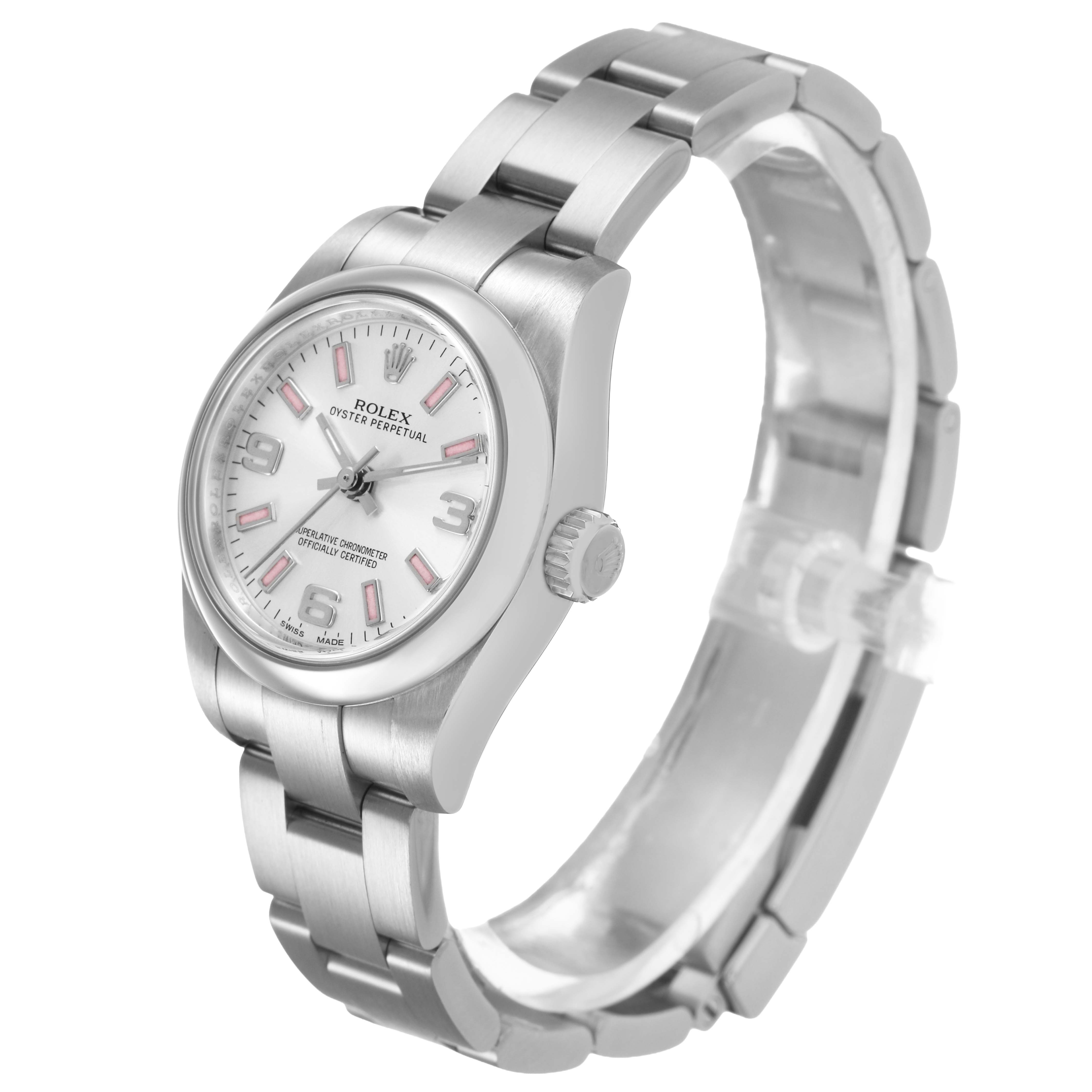 The Rolex Oyster Perpetual 176200 Women's Stainless Steel Silver Dial watch is shown at a side angle, highlighting the dial, case, crown, and bracelet.