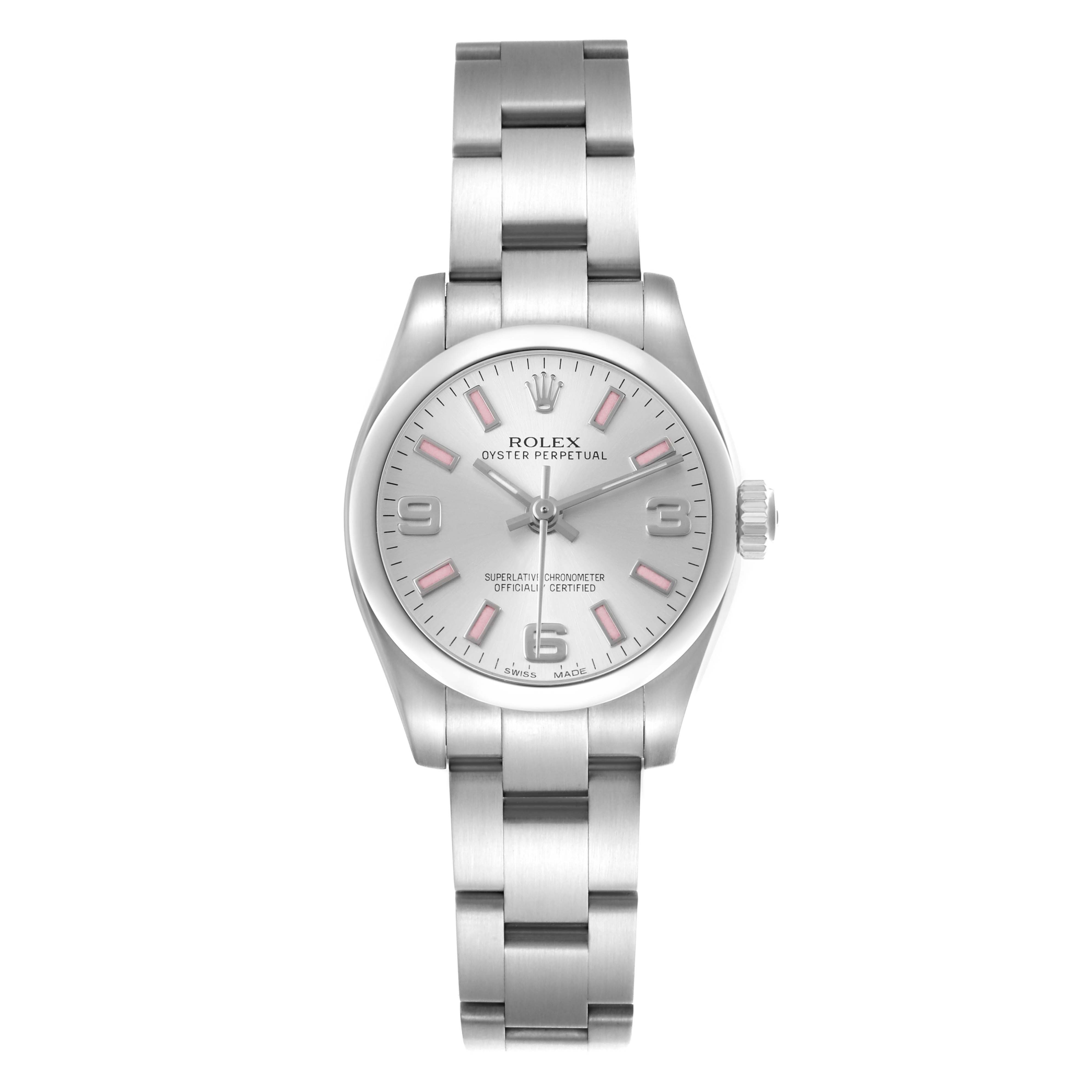 The Rolex Oyster Perpetual 176200 Women's Stainless Steel Silver Dial watch is shown from the front, highlighting the dial, bezel, and bracelet.