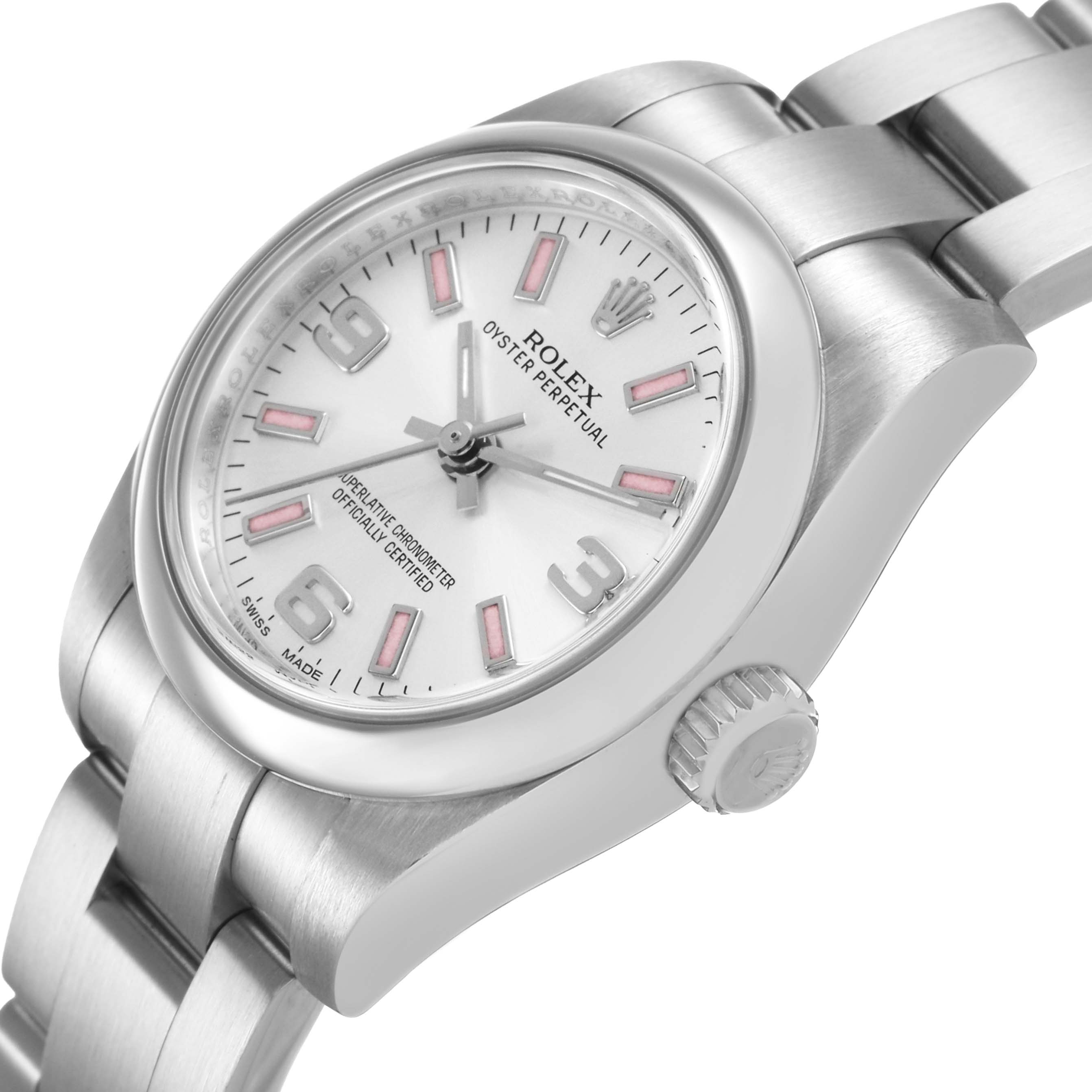 The Rolex Oyster Perpetual 176200 Women's Stainless Steel Silver Dial watch is shown at an angled side view, highlighting the dial, case, bracelet, and crown.