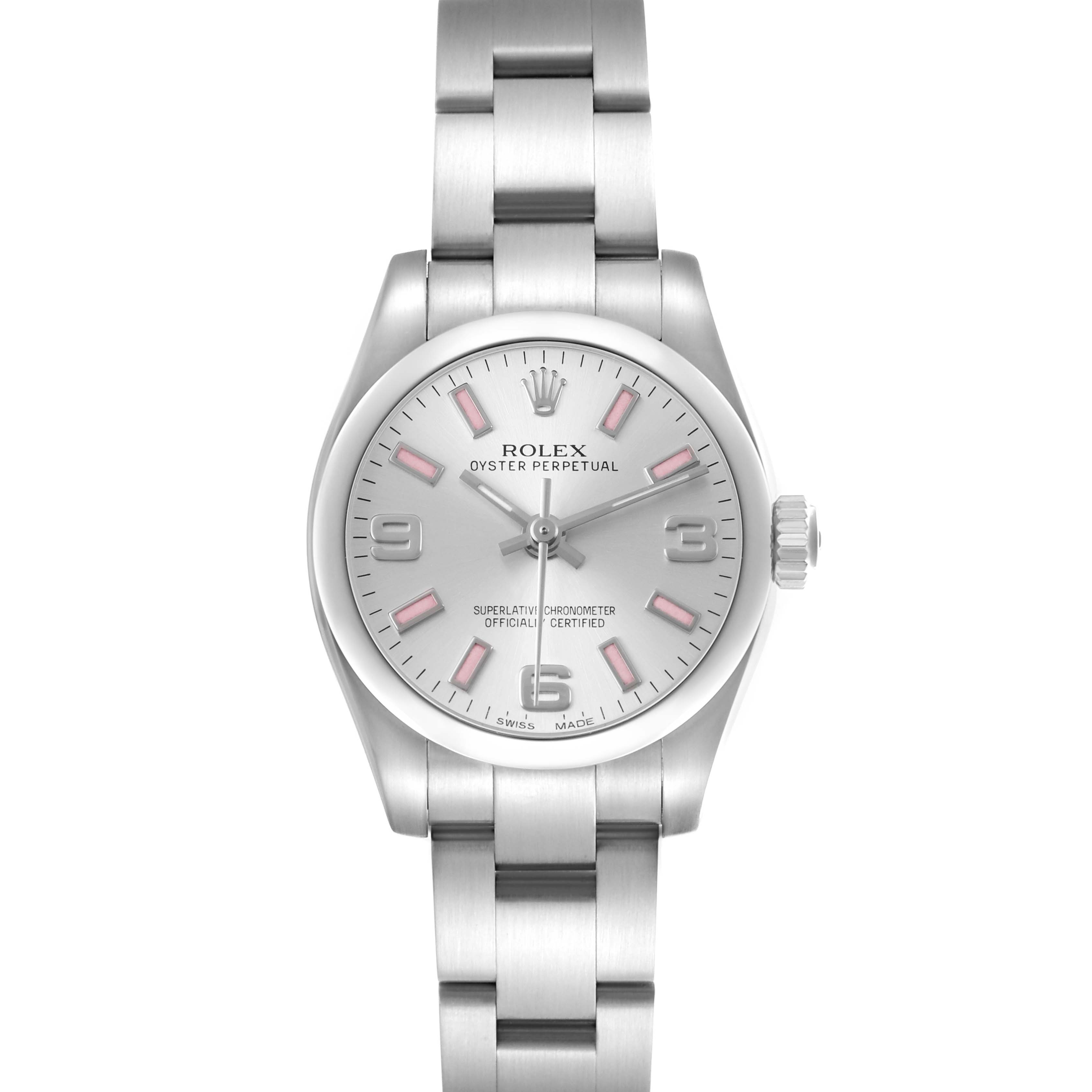 The image shows a front view of the Rolex Oyster Perpetual 176200 Women's Stainless Steel Silver Dial watch, highlighting its dial, case, crown, and bracelet.