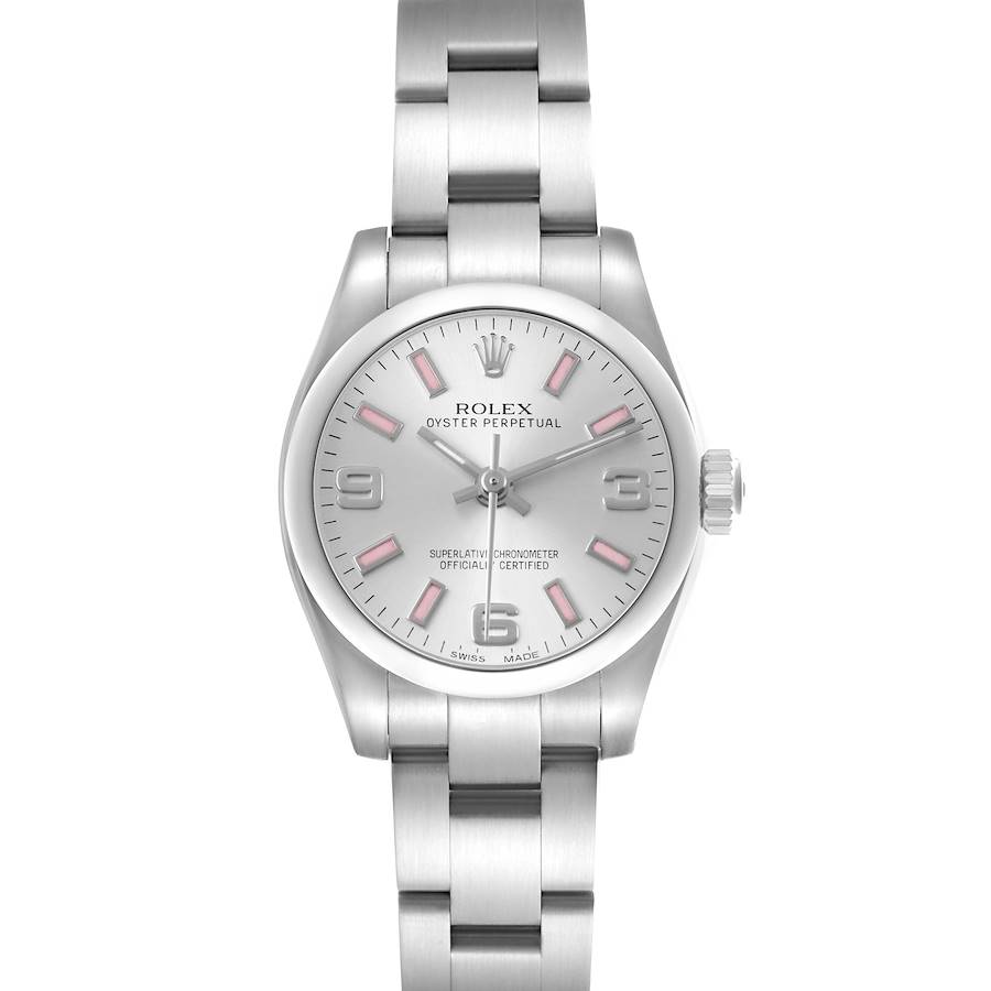 The image shows a front view of the Rolex Oyster Perpetual 176200 Women's Stainless Steel Silver Dial watch, highlighting its dial, case, crown, and bracelet.