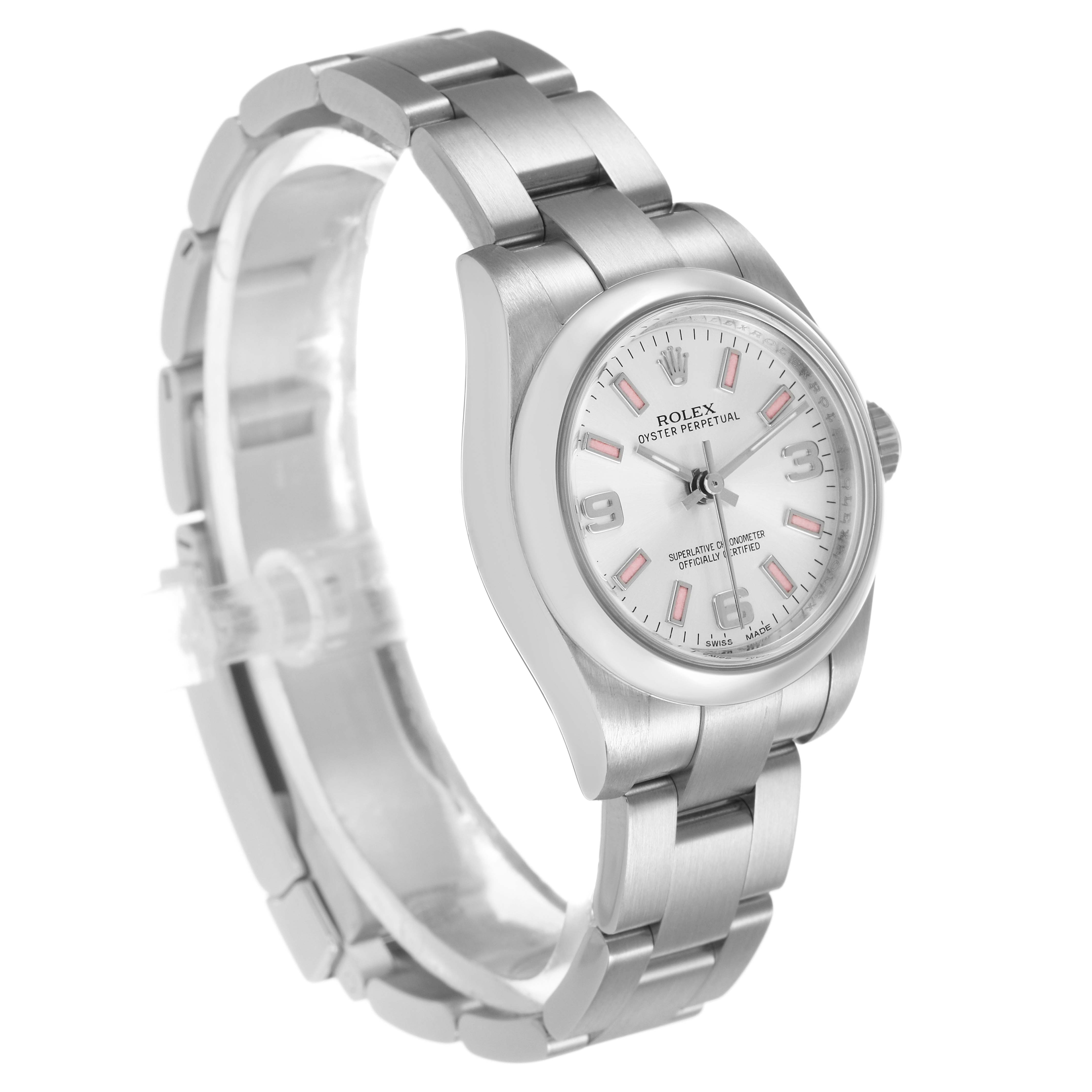 The Rolex Oyster Perpetual 176200 Women's Stainless Steel Silver Dial watch is shown at an angled front view, highlighting the dial, bezel, and bracelet.