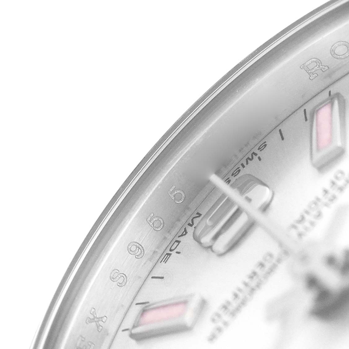 The image shows a close-up of the dial, bezel, and part of the indices of a Rolex Oyster Perpetual 176200 Women's Stainless Steel Silver Dial watch.