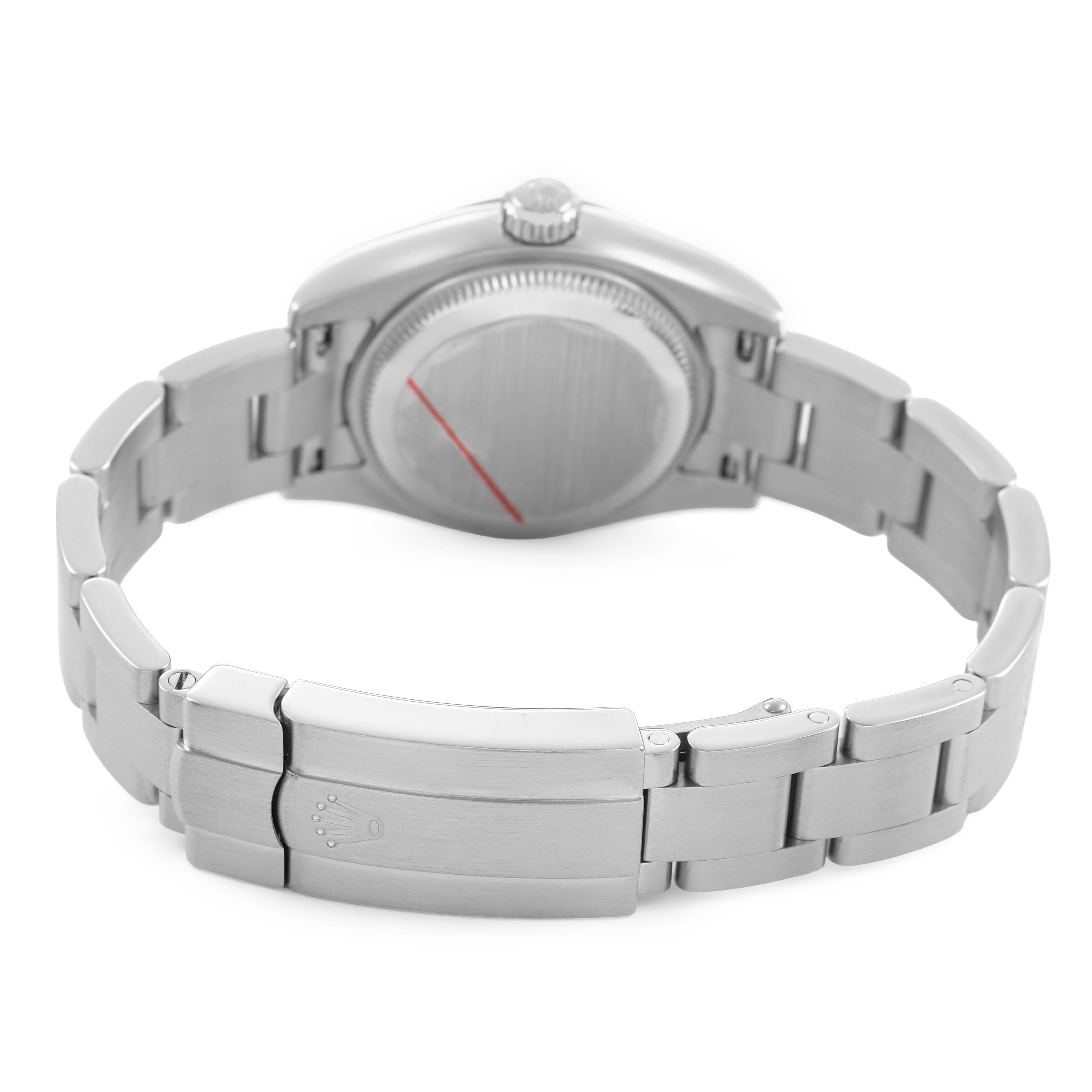 The Rolex Oyster Perpetual 176200 Women's Stainless Steel Silver Dial is shown from the back, displaying the clasp and the case back.