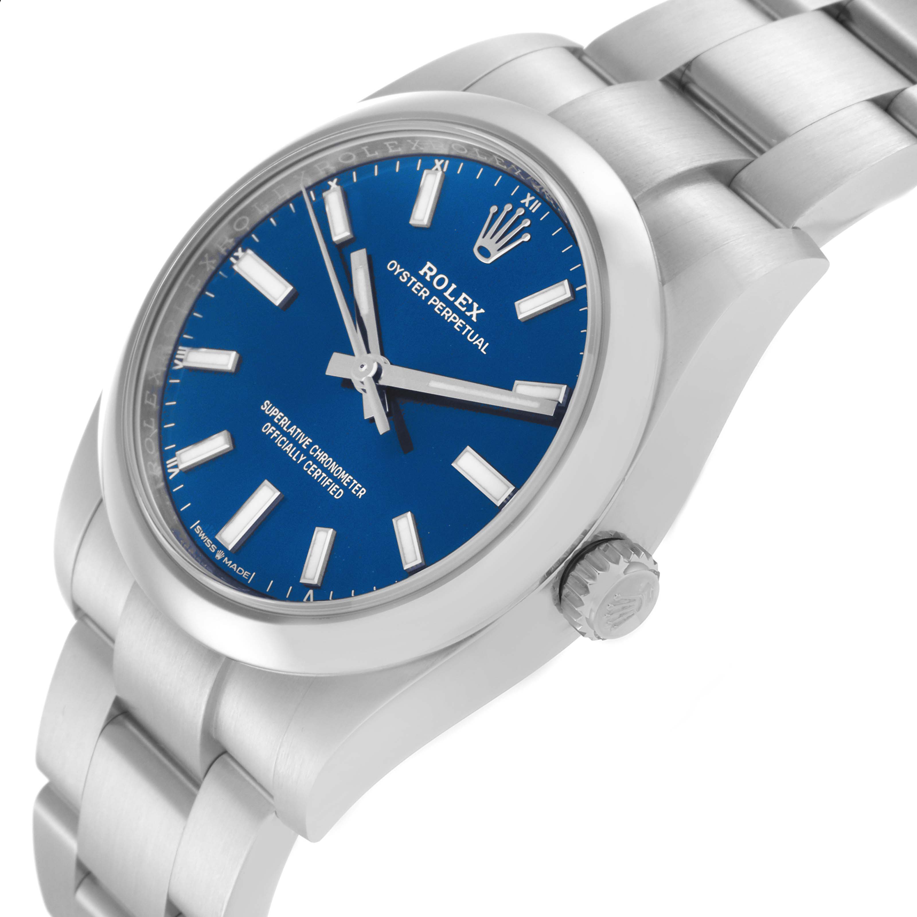 The Rolex Oyster Perpetual 124200 Men
s Stainless Steel Blue Dial 124200 Men
s Stainless Steel Blue Dial watch is shown at a three-quarter angle, displaying the blue dial, crown, and part of the bracelet.