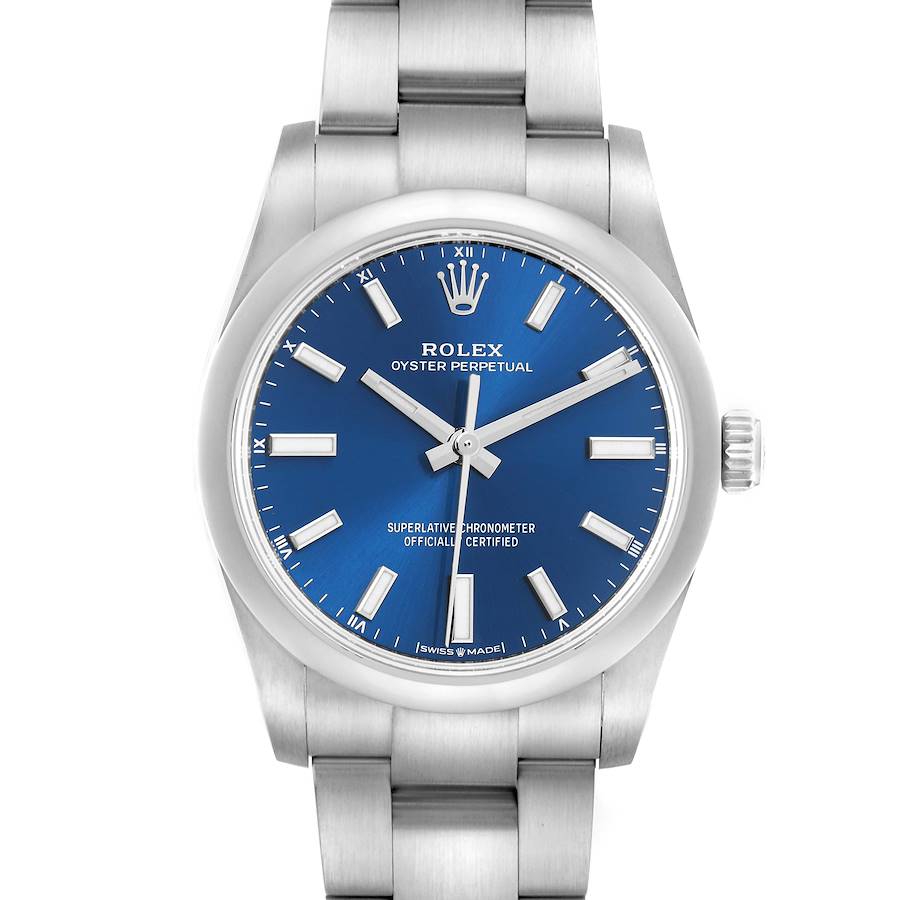 The Rolex Oyster Perpetual watch is shown from a front view, displaying the blue dial, hour markers, and metal bracelet.